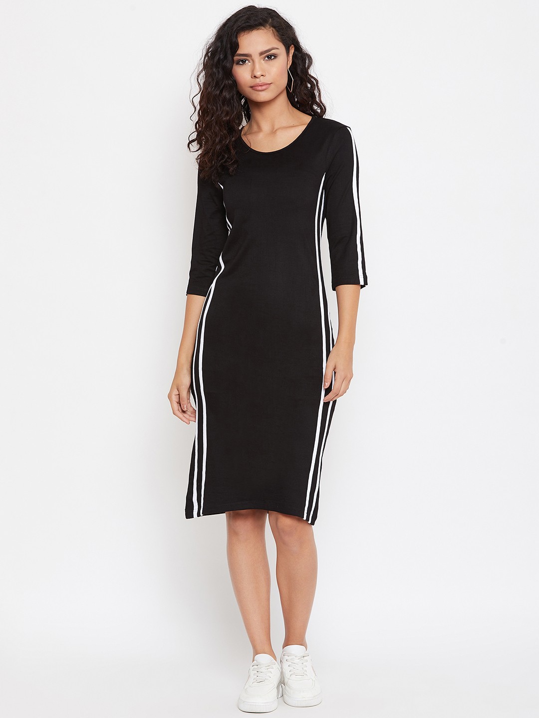 

Zastraa Women Black Striped T-shirt Dress