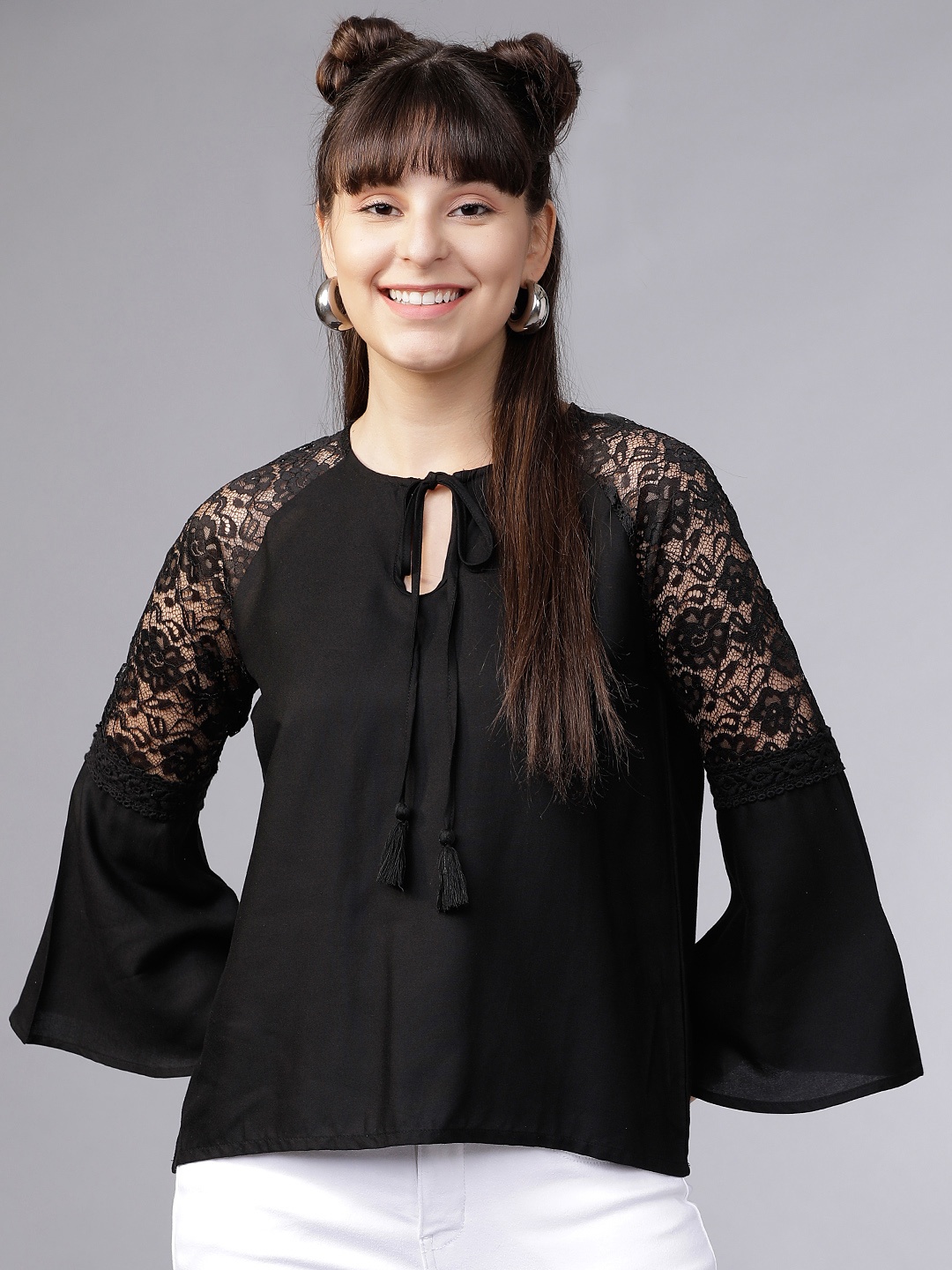 Tokyo Talkies Women Black Self Design A-Line Top
