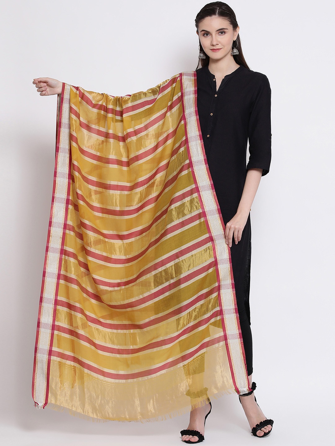 SHINGORA Mustard Yellow & Red Striped Antimicrobial Dupatta