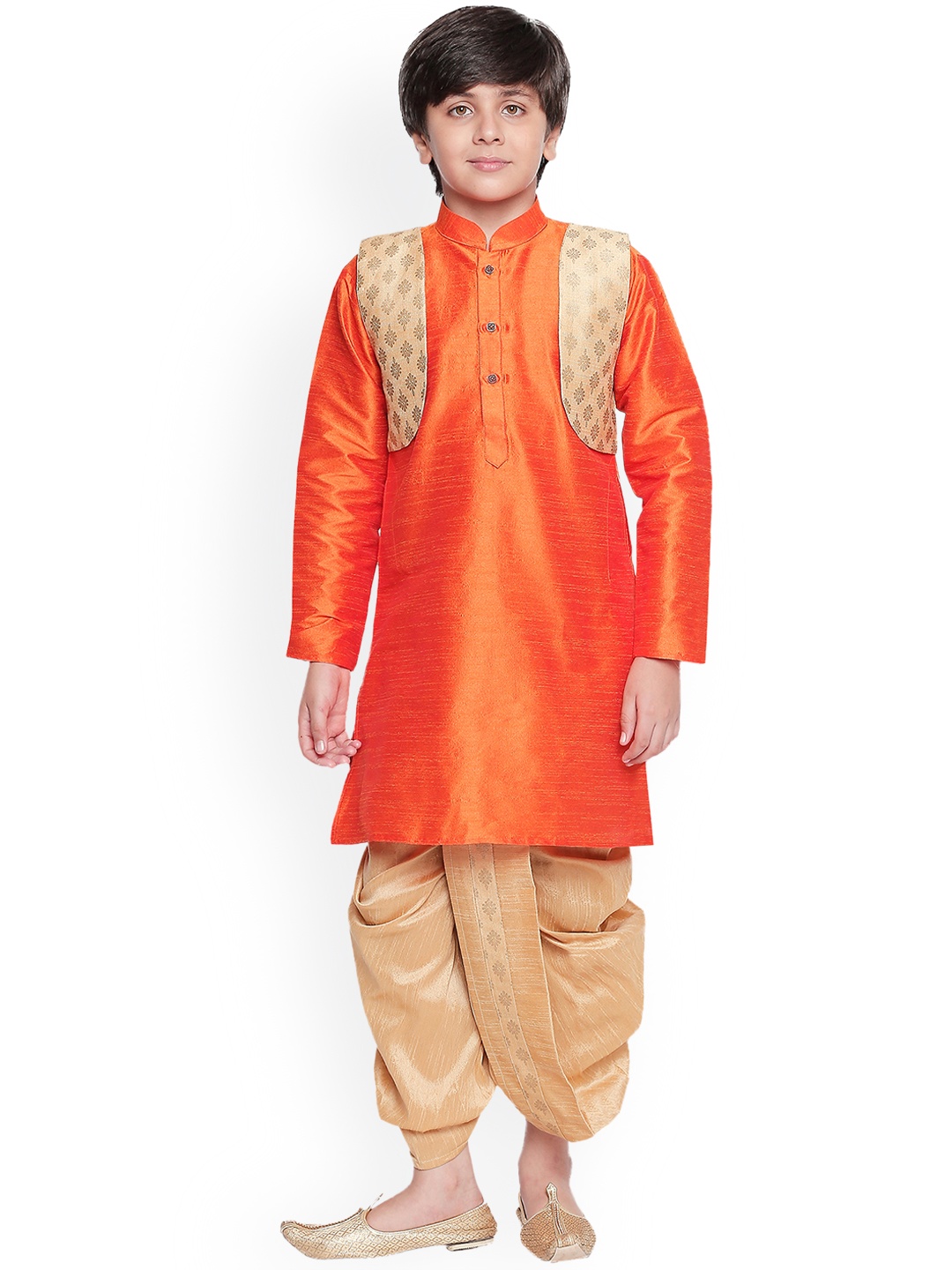 

Jeetethnics Boys Orange & Gold-Toned Solid Kurta with Dhoti Pants
