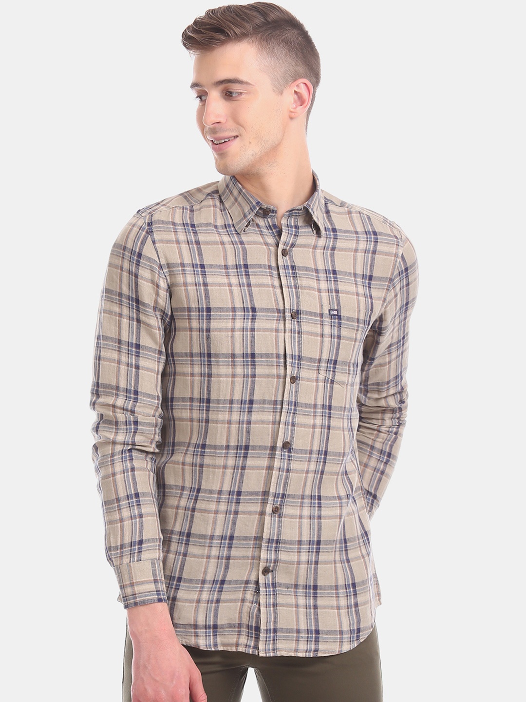 

Arrow Sport Men Beige & Blue Slim Fit Checked Casual Shirt