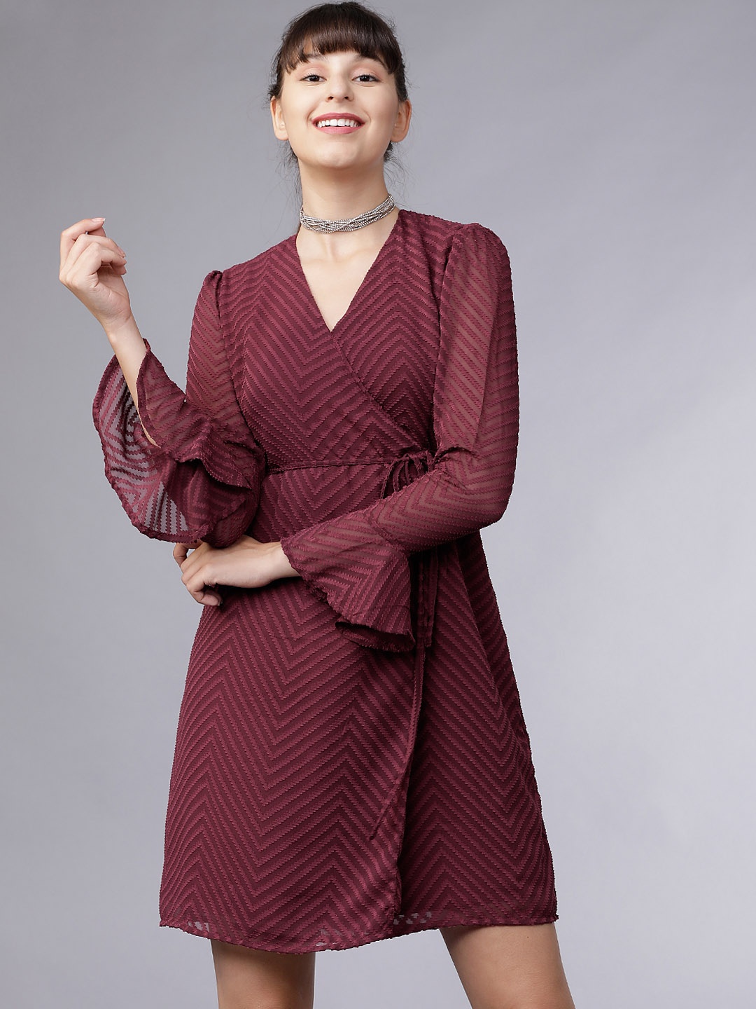 

Tokyo Talkies Women Burgundy Self Design Wrap Dress