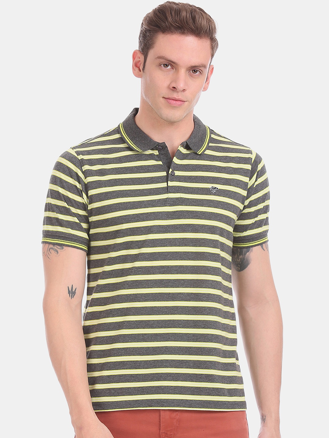 

Ruggers Men Grey & Yellow Striped Polo Collar T-shirt
