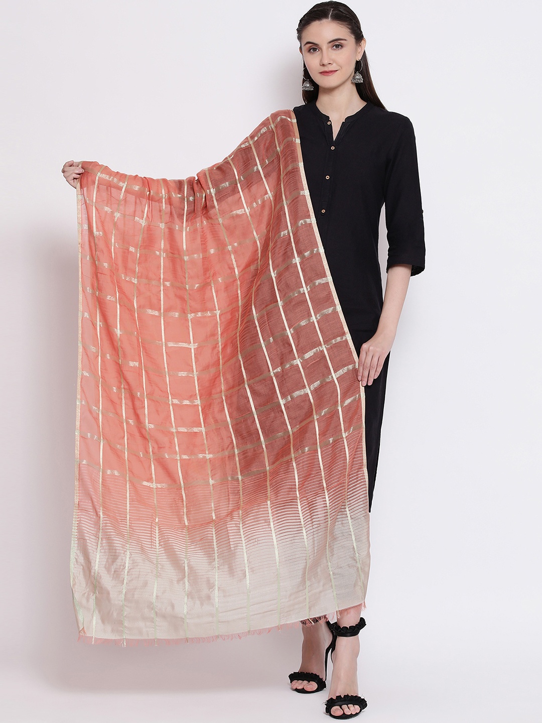 SHINGORA Peach-Coloured & Gold-Toned Checked Antimicrobial Dupatta