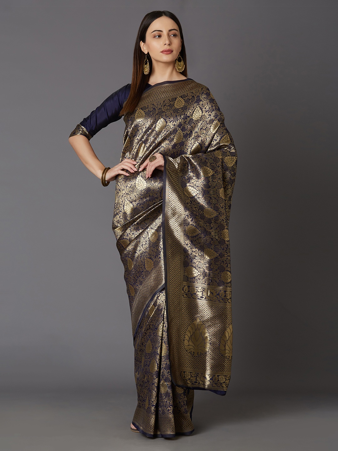 

Mitera Navy Blue & Gold-Toned Silk Blend Woven Design Kanjeevaram Saree