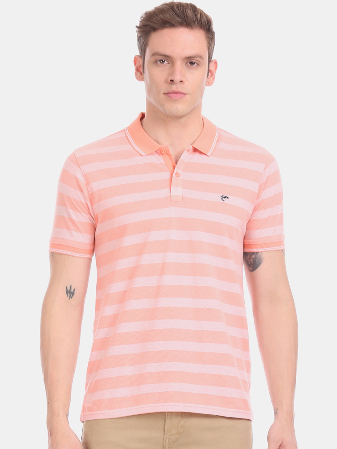 

Ruggers Men Peach-Coloured Striped Polo Collar T-shirt