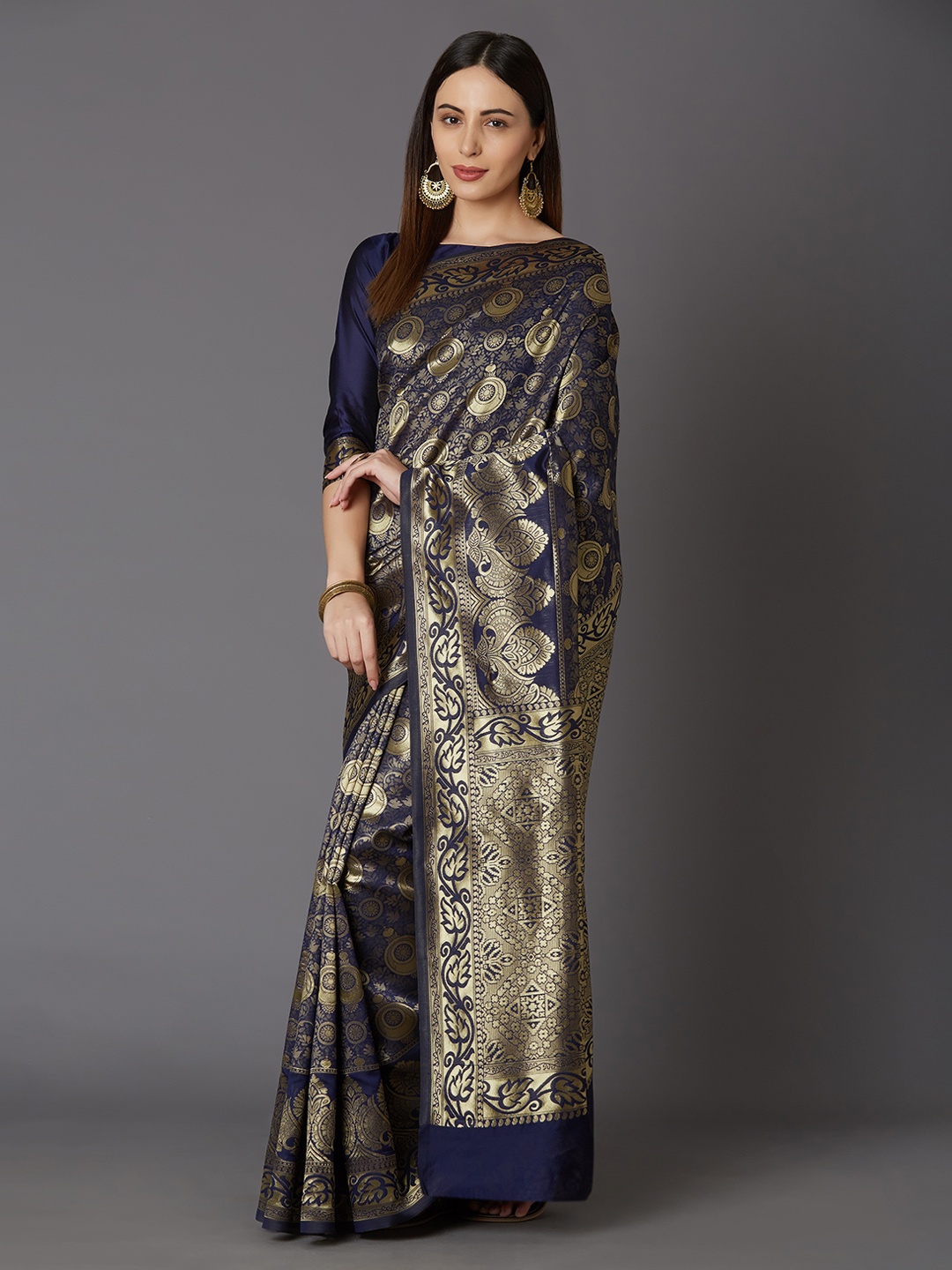 

Mitera Navy Blue & Gold-Toned Silk Blend Woven Design Kanjeevaram Saree