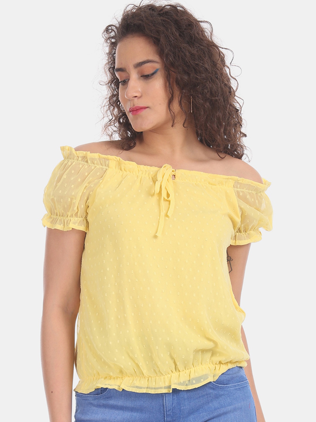 

Sugr Women Yellow Self Design Bardot Top