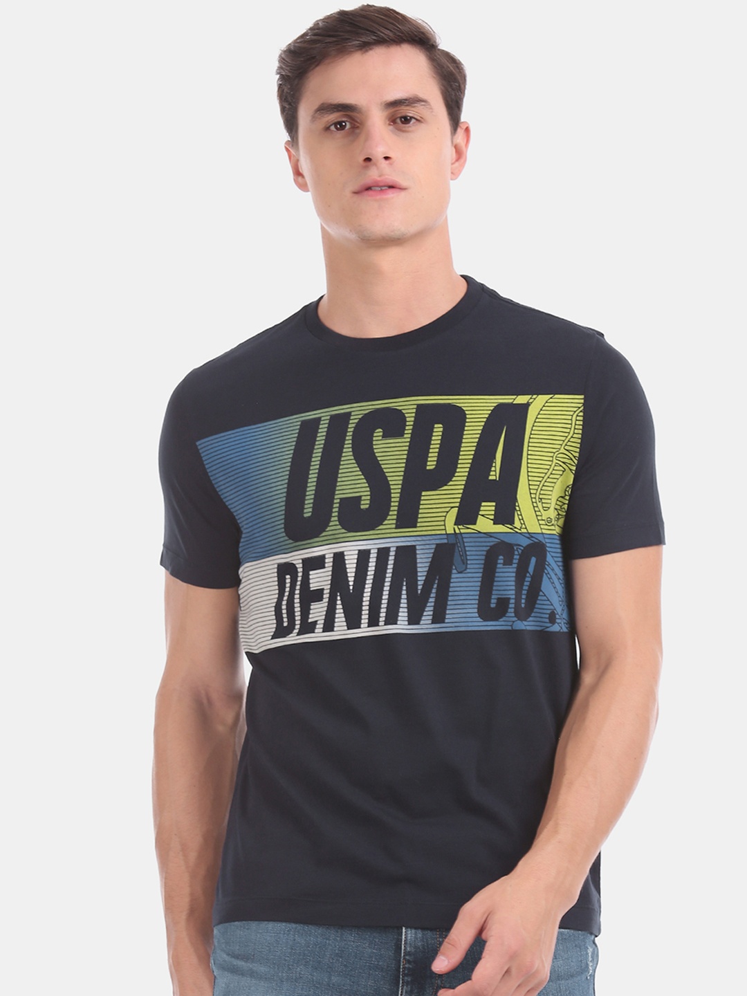 

U.S. Polo Assn. Denim Co. Men Blue Printed Round Neck Pure Cotton T-shirt