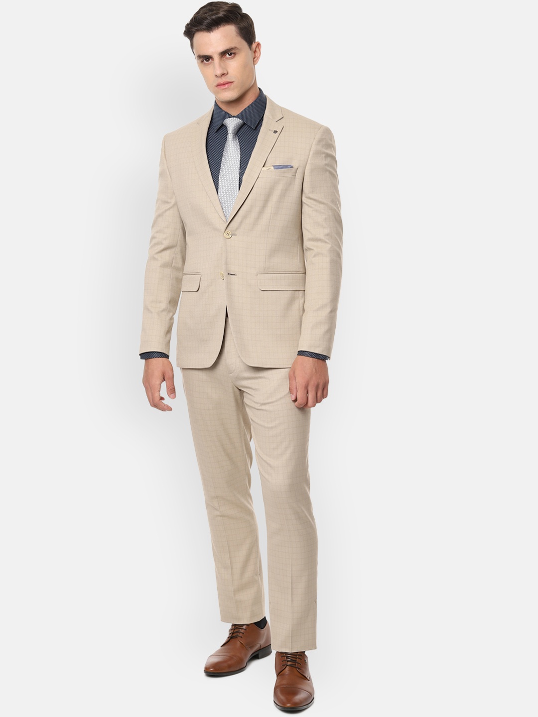 

Louis Philippe Men Beige Checked Slim Fit Formal Suit