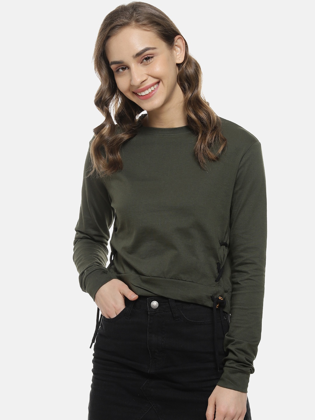 

Campus Sutra Women Olive Green Solid Crop Pure Cotton Top