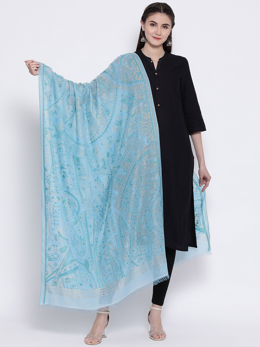 

SHINGORA Turquoise Blue & Gold-Toned Printed Antimicrobial Dupatta