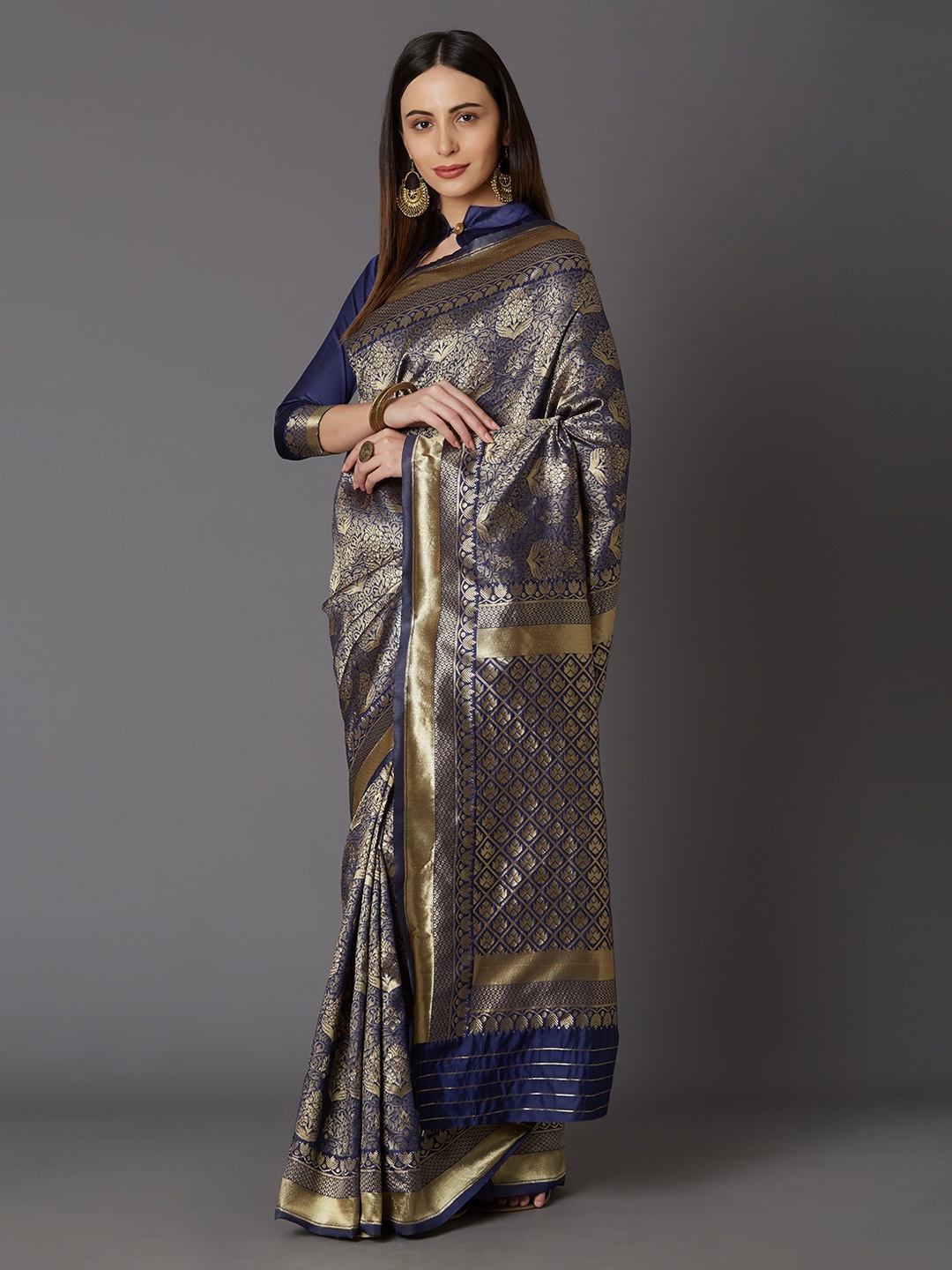 

Mitera Navy Blue & Gold-Toned Silk Blend Woven Design Kanjeevaram Saree