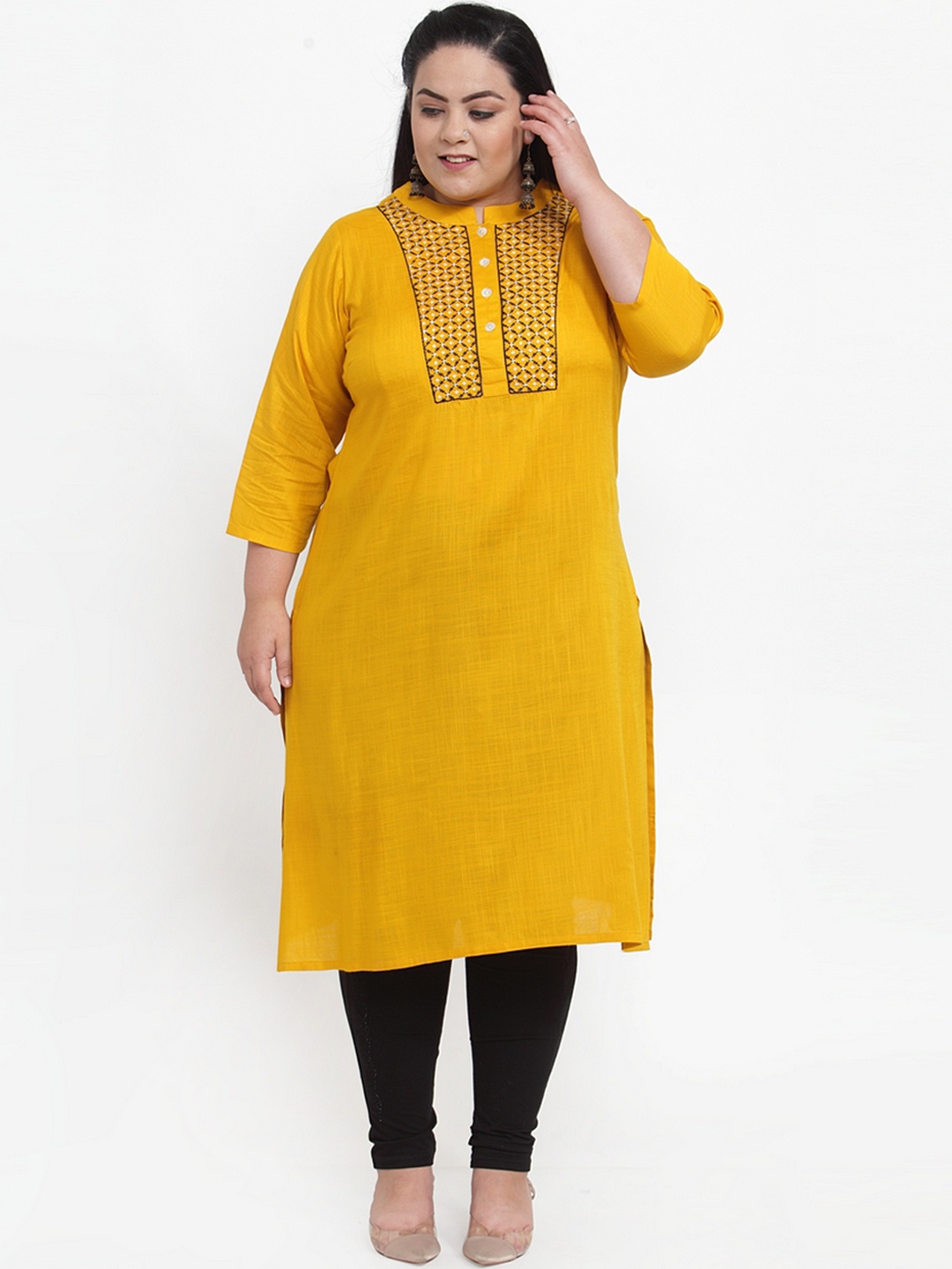 

plusS Women Yellow Yoke Design Straight Kurta