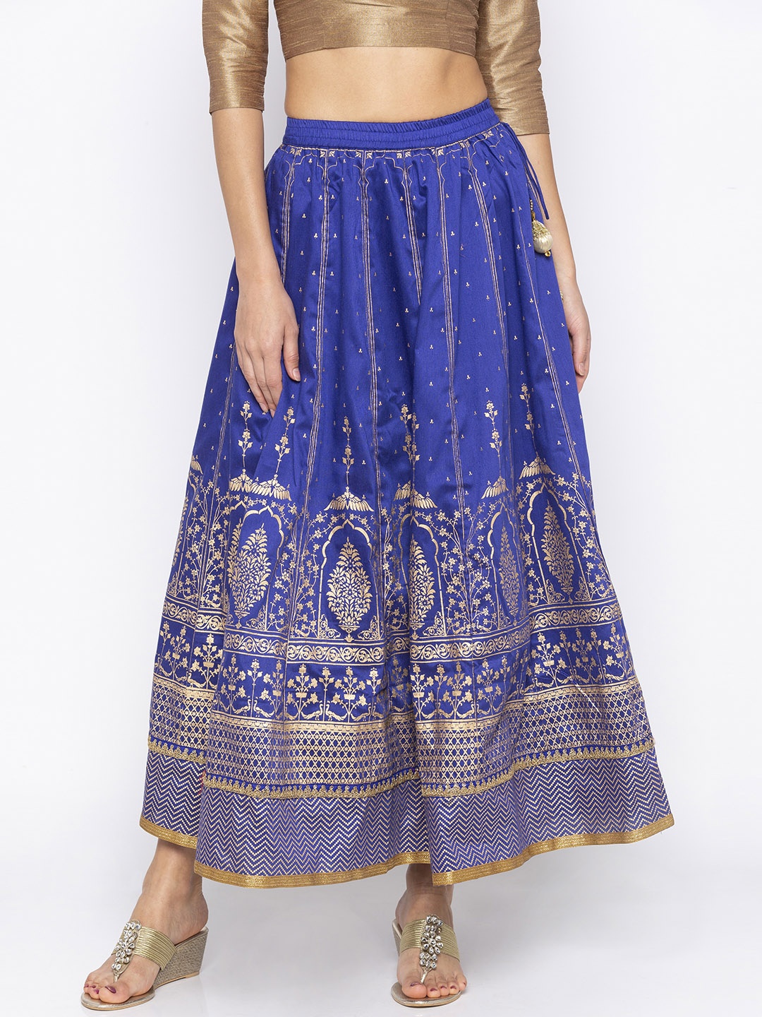 

Globus Women Blue & Gold-Toned Ethnic Printed Flared Maxi Skirt