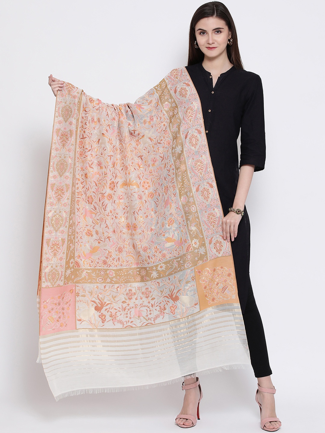 

SHINGORA Off-White & Orange Woven Design Antimicrobial Dupatta