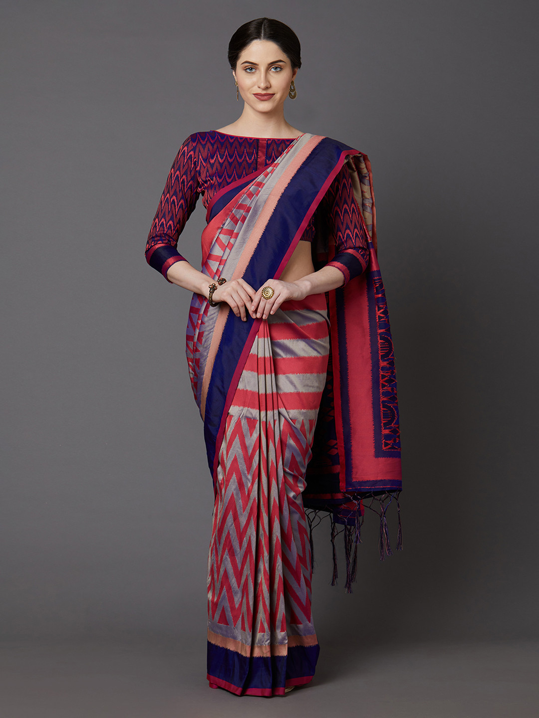

Mitera Pink & Blue Silk Blend Printed Saree