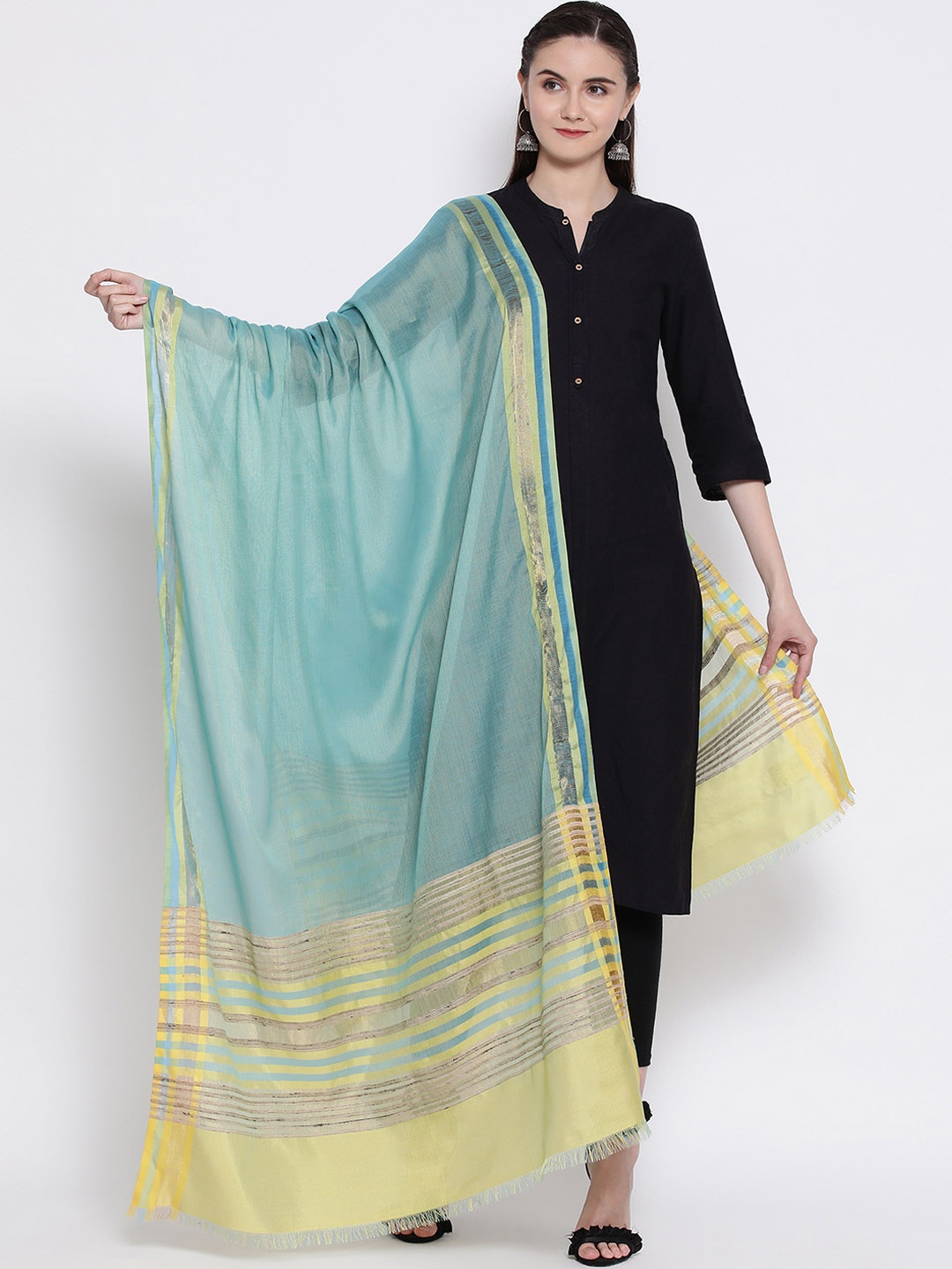 

SHINGORA Turquoise Blue & Gold-Toned Striped Antimicrobial Dupatta