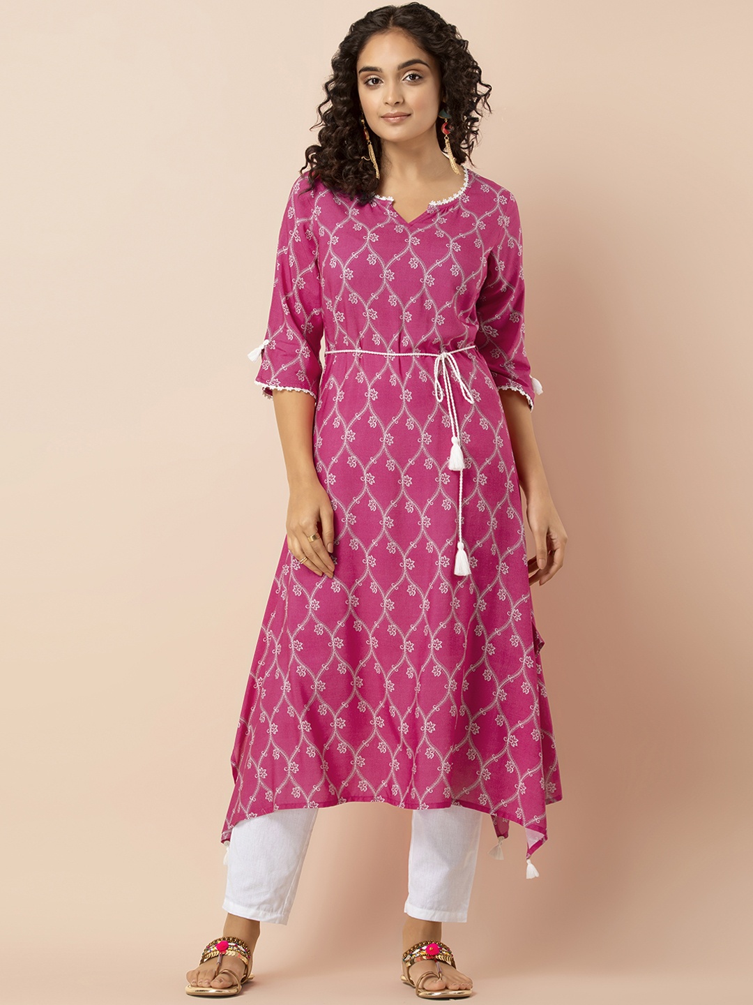 

INDYA Women Pink & White Printed Kurta