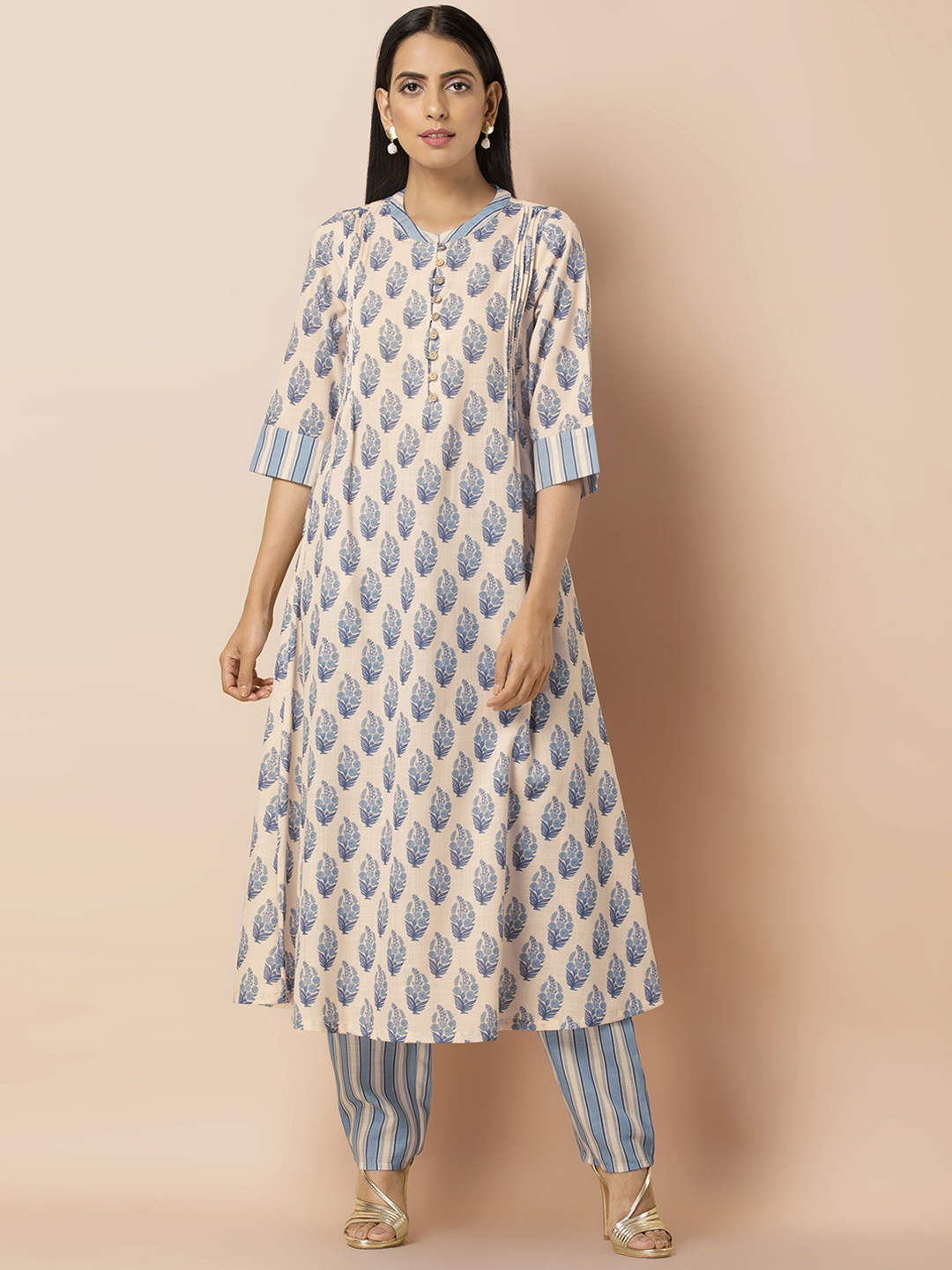 

INDYA Women Blue & Peach-Coloured Printed Kurta