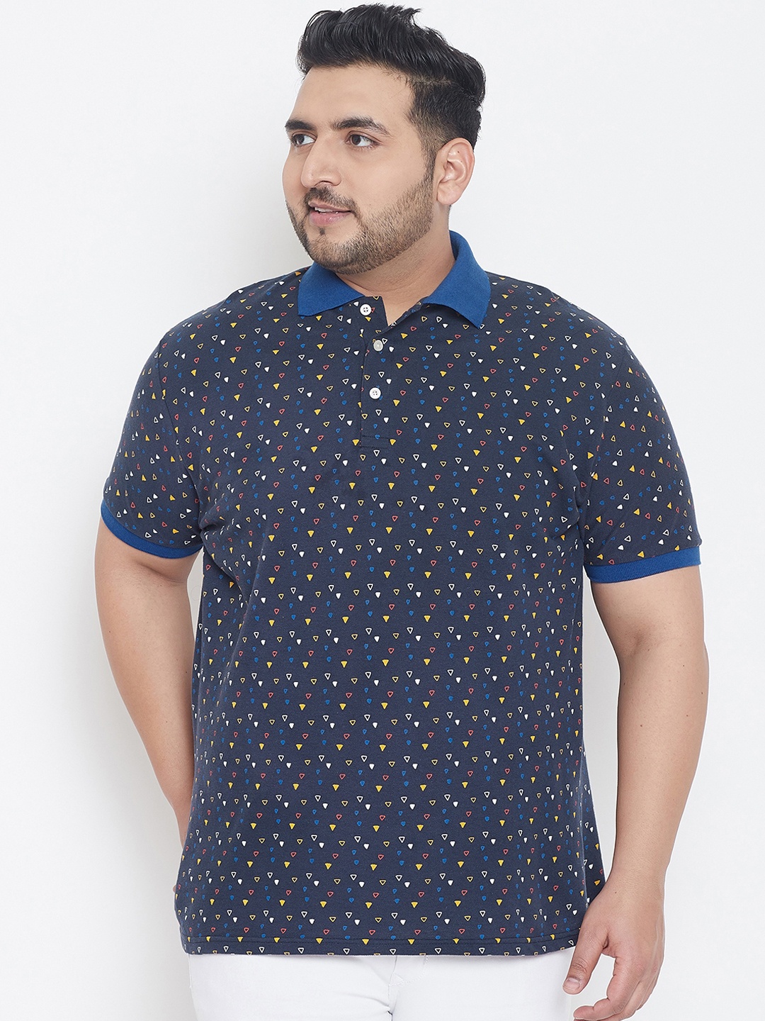 

bigbanana Plus Size Men Navy Blue Printed Polo Collar Pure Cotton T-shirt