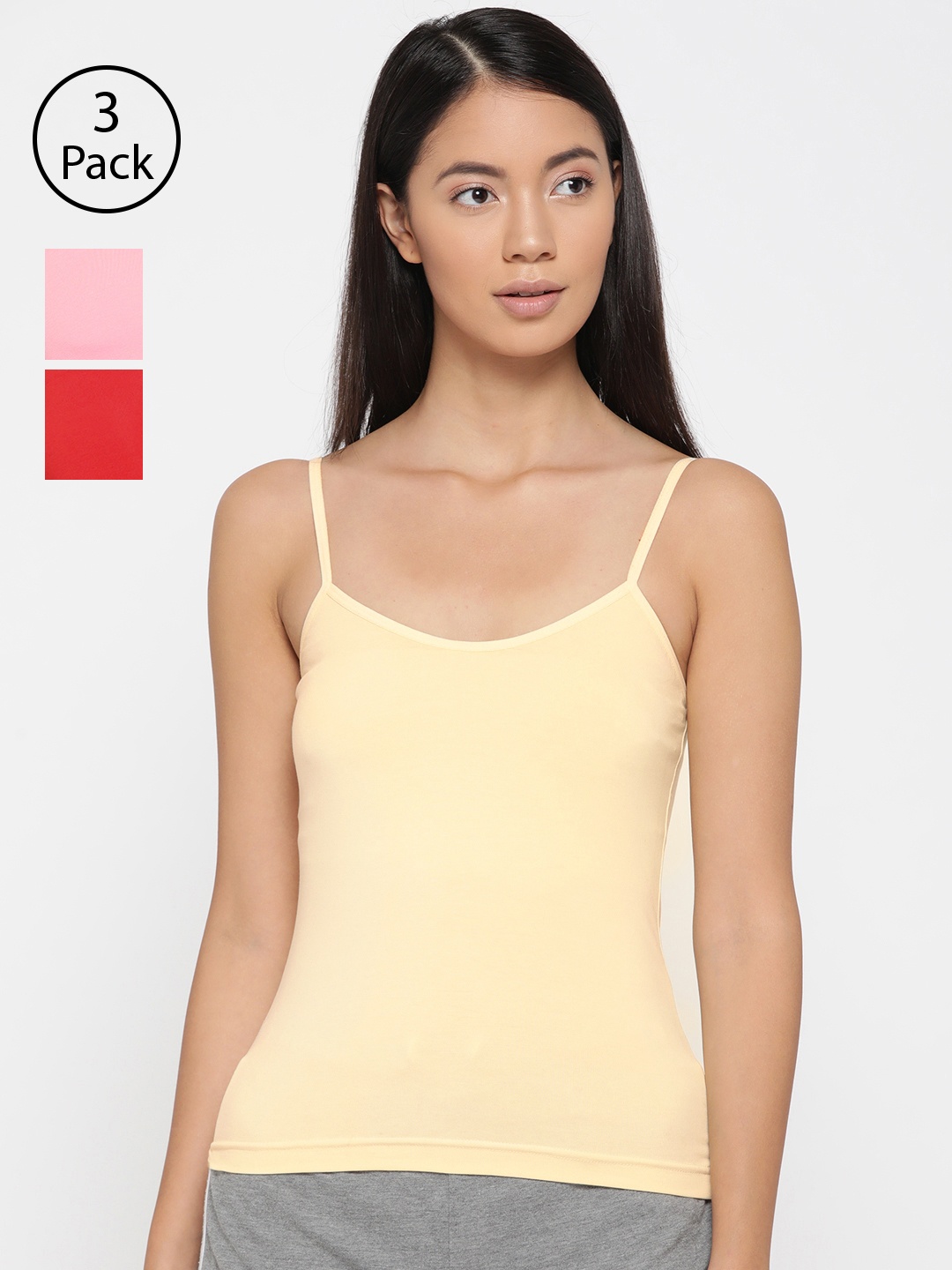 

Lady Lyka Women Pack Of 3 Solid Adjustable Straps Camisoles CAMI-04, Beige