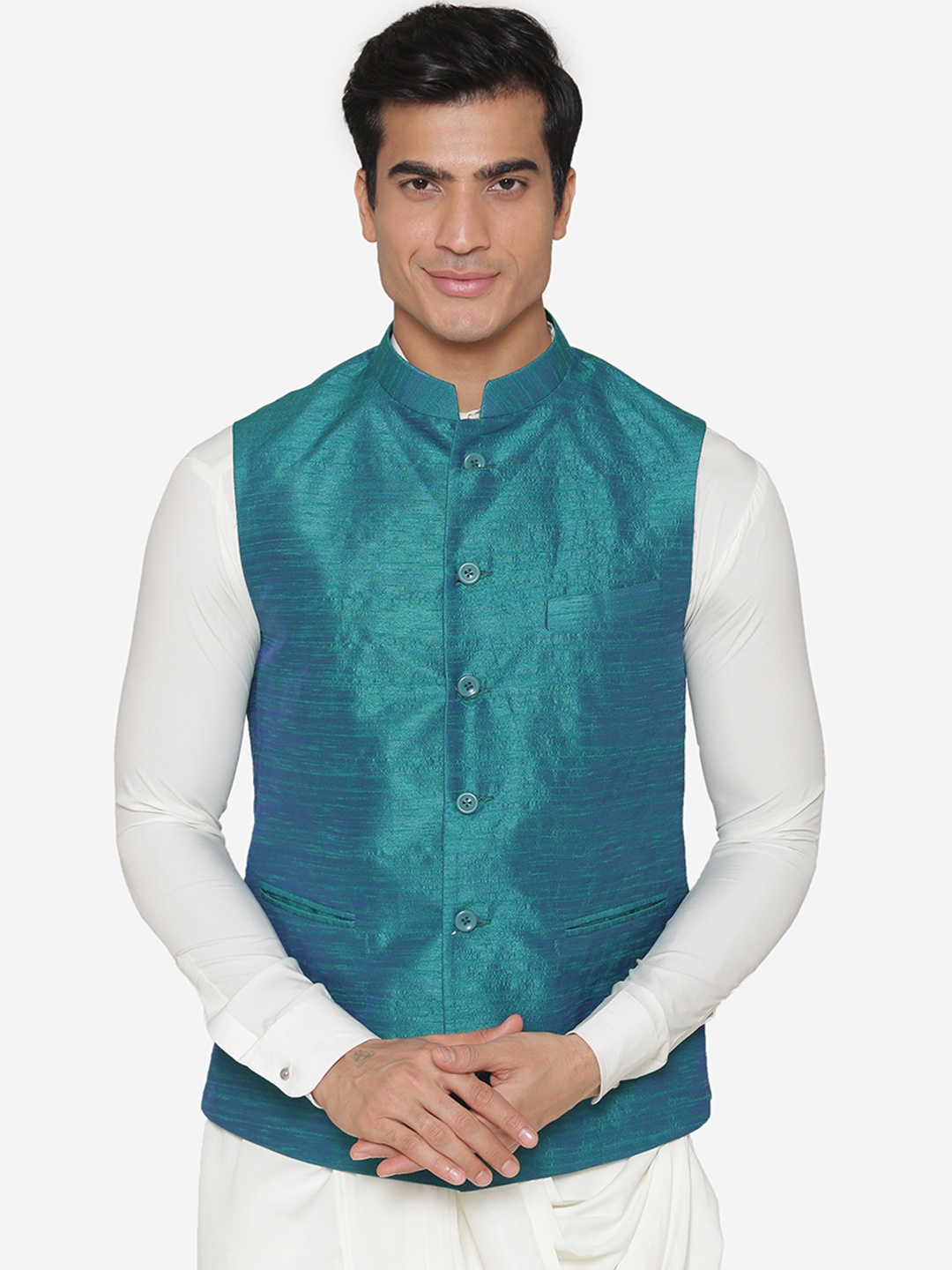 

MANQ Men Teal Green Solid Nehru Jacket