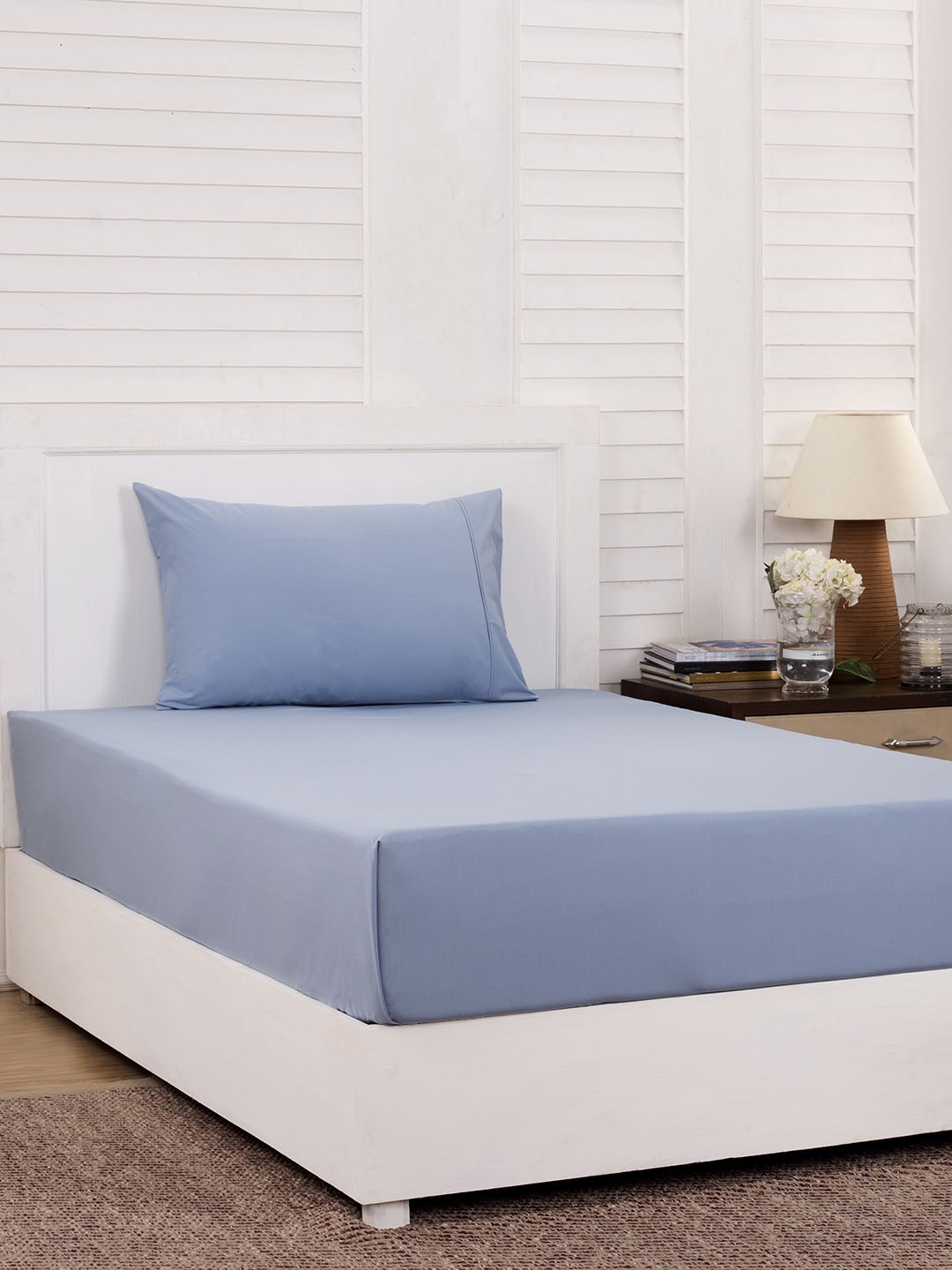 MASPAR Blue Solid 200 TC Cotton 1 Single Bedsheet with 1 Pillow Covers