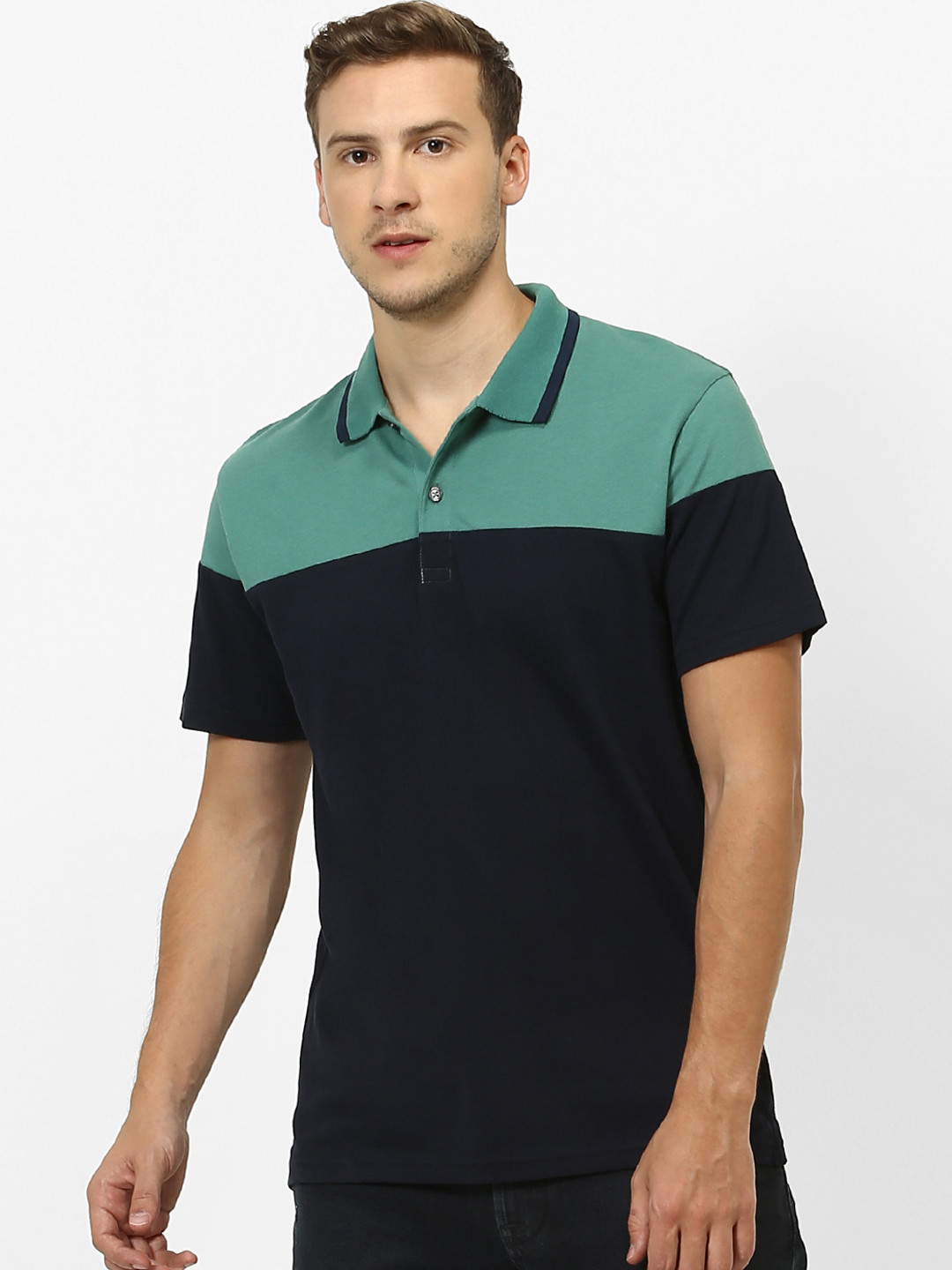 

Celio Men Navy Blue & Green Colourblocked Polo Collar T-shirt