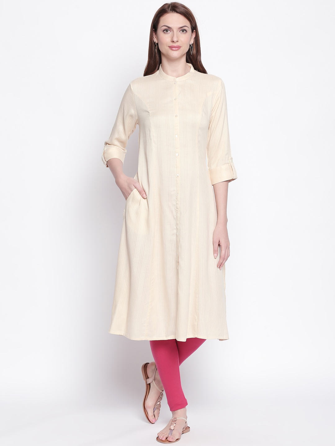

RANGMANCH BY PANTALOONS Women Off-White Striped A-Line Kurta