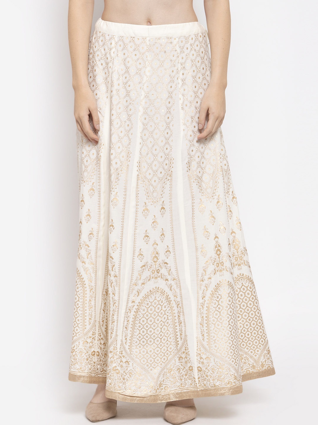 

Clora Creation Cream-Coloured & Gold-Toned Printed Flared Maxi Skirt