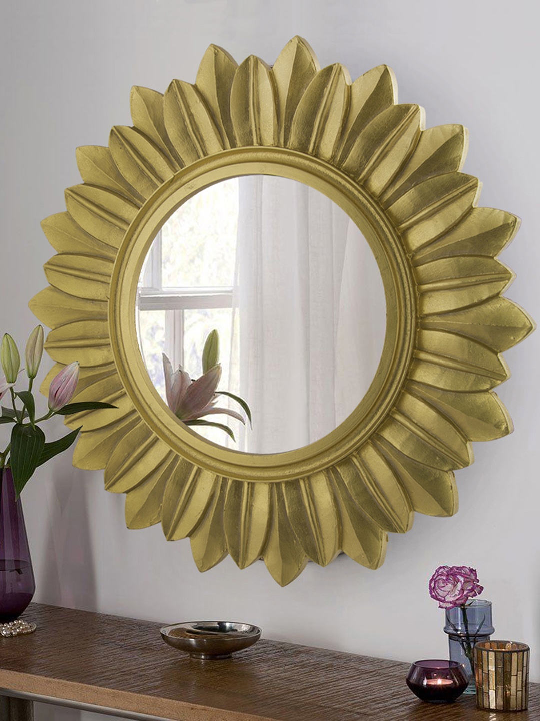 

Homesake Gold-Toned Sunburst Decorative Wooden Handcarved Wall Mirror