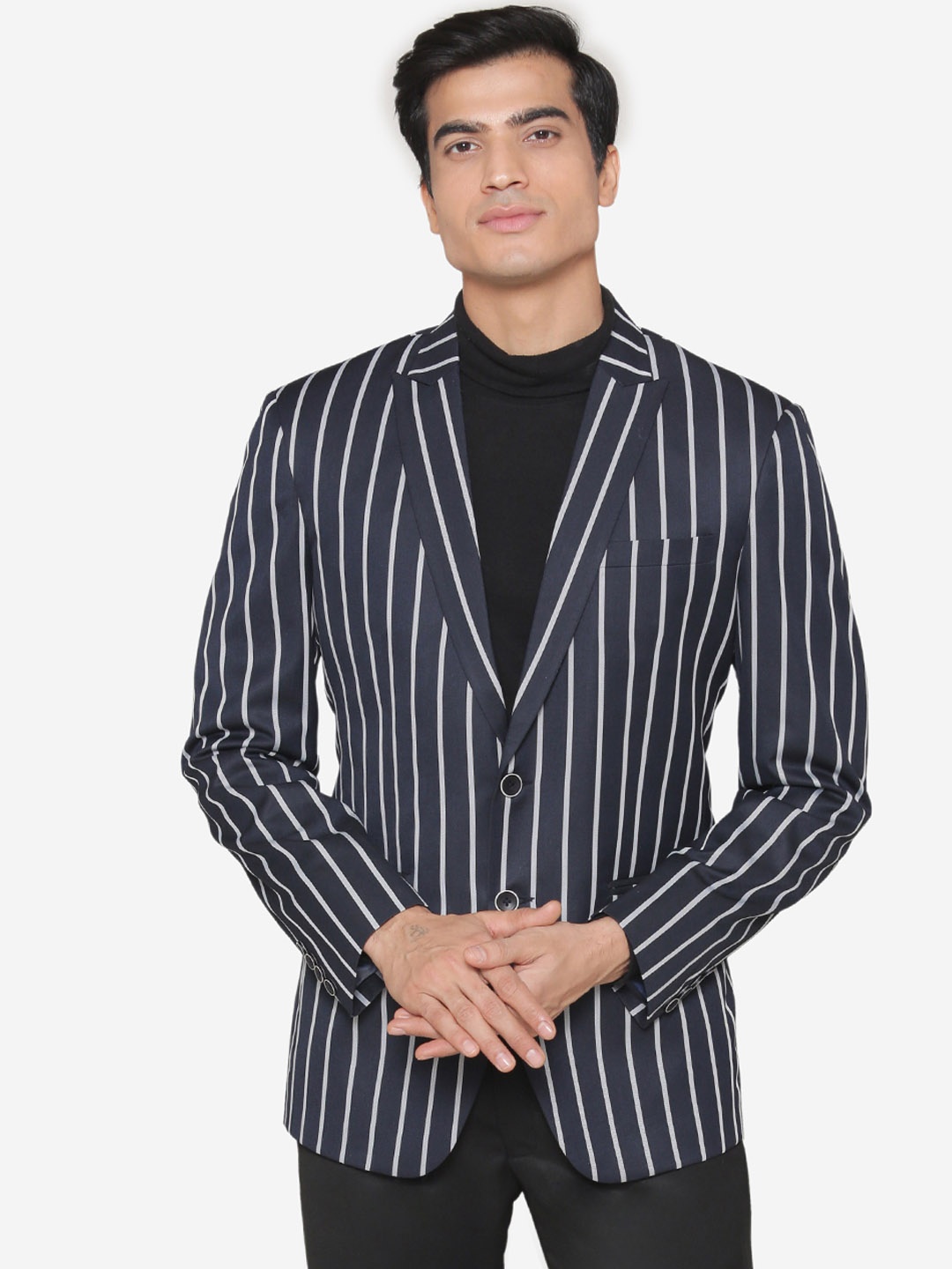 

MANQ Men Navy Blue & White Striped Single-Breasted Slim Fit Formal Blazer