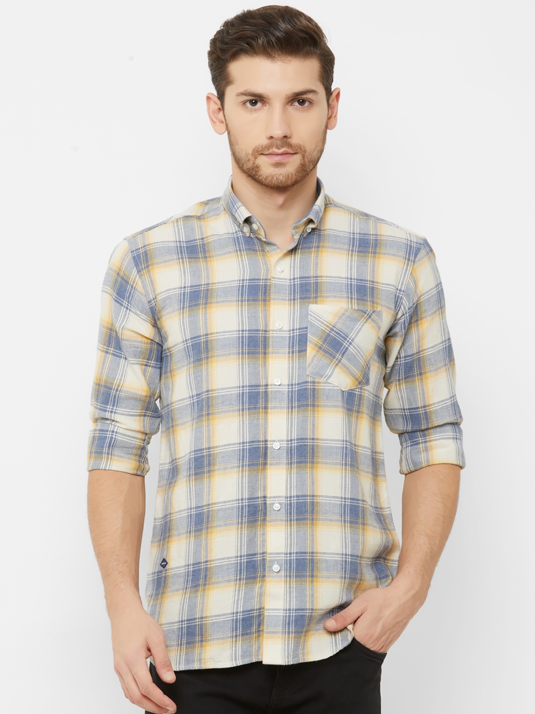 

Donzell Men Blue & Yellow Regular Fit Checked Casual Shirt
