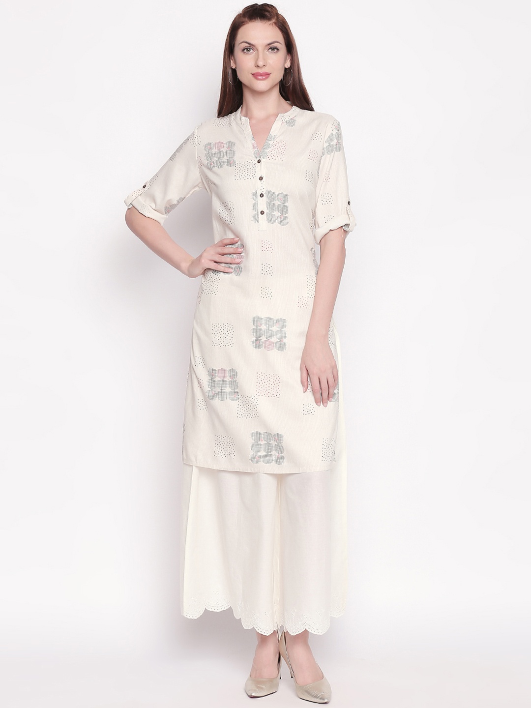 

RANGMANCH BY PANTALOONS Women Off-White & Black Printed Straight Kurta