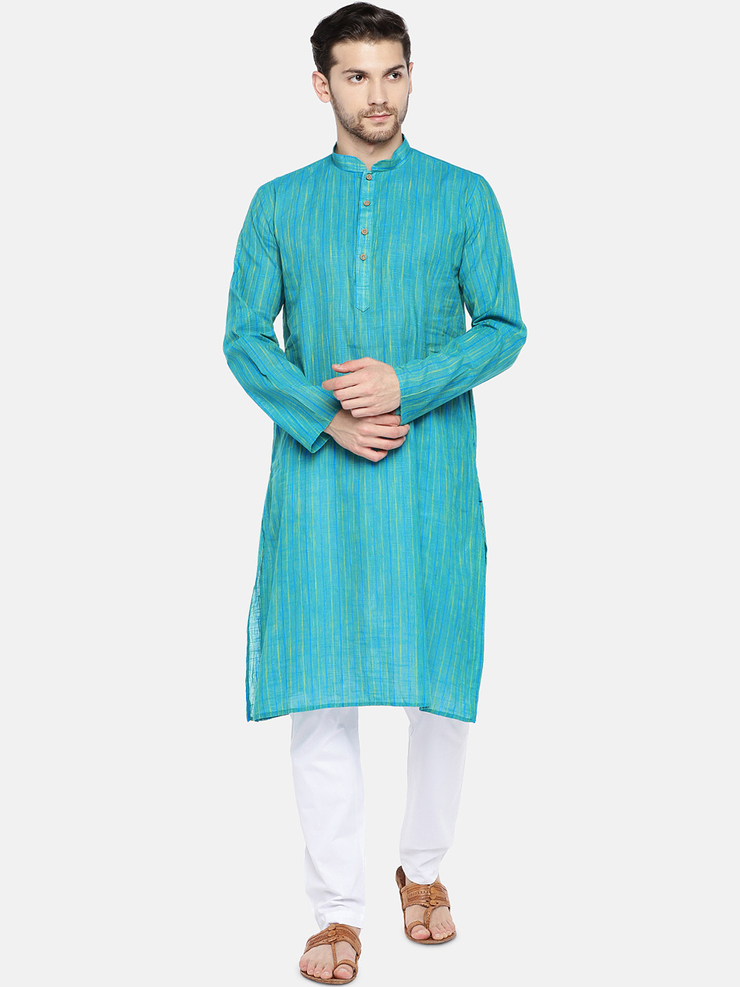 

RAJUBHAI HARGOVINDAS Men Blue & White Striped Kurta with Pyjamas