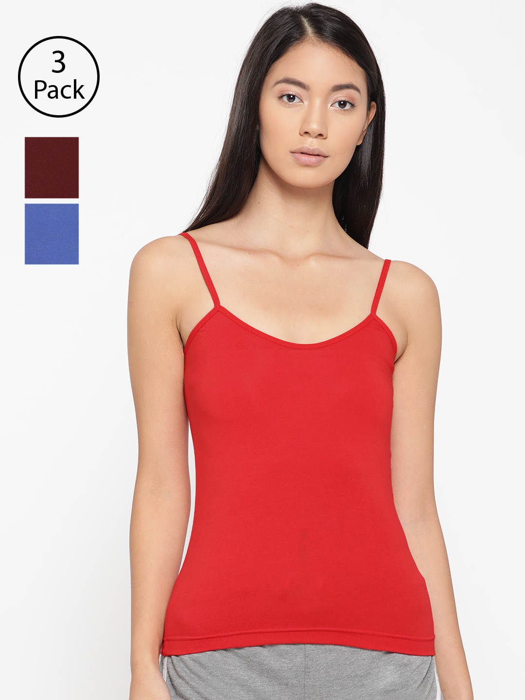 

Lady Lyka Women Pack Of 3 Solid Adjustable Straps Camisoles CAMI-04, Red