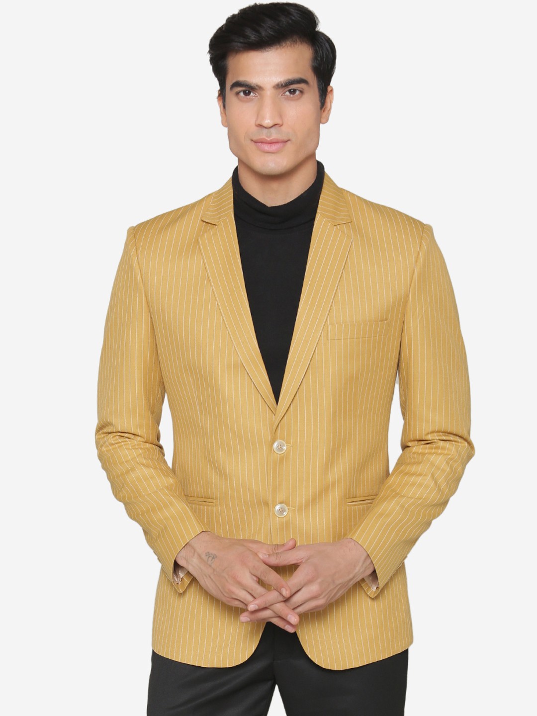 

MANQ Men Mustard Yellow Striped Single-Breasted Formal Slim Fit Blazer