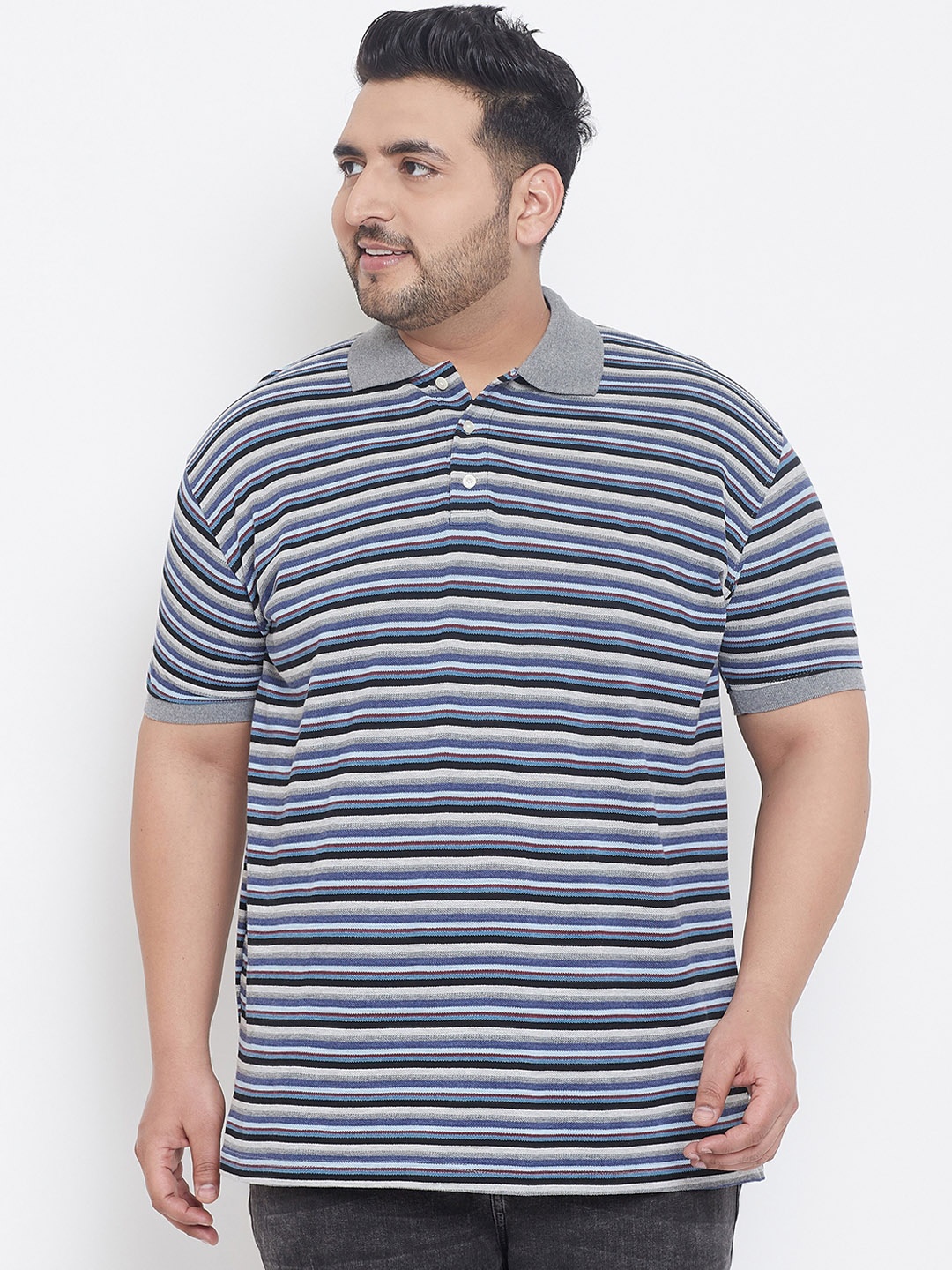 

bigbanana Plus Size Men Blue Striped Polo Collar T-shirt