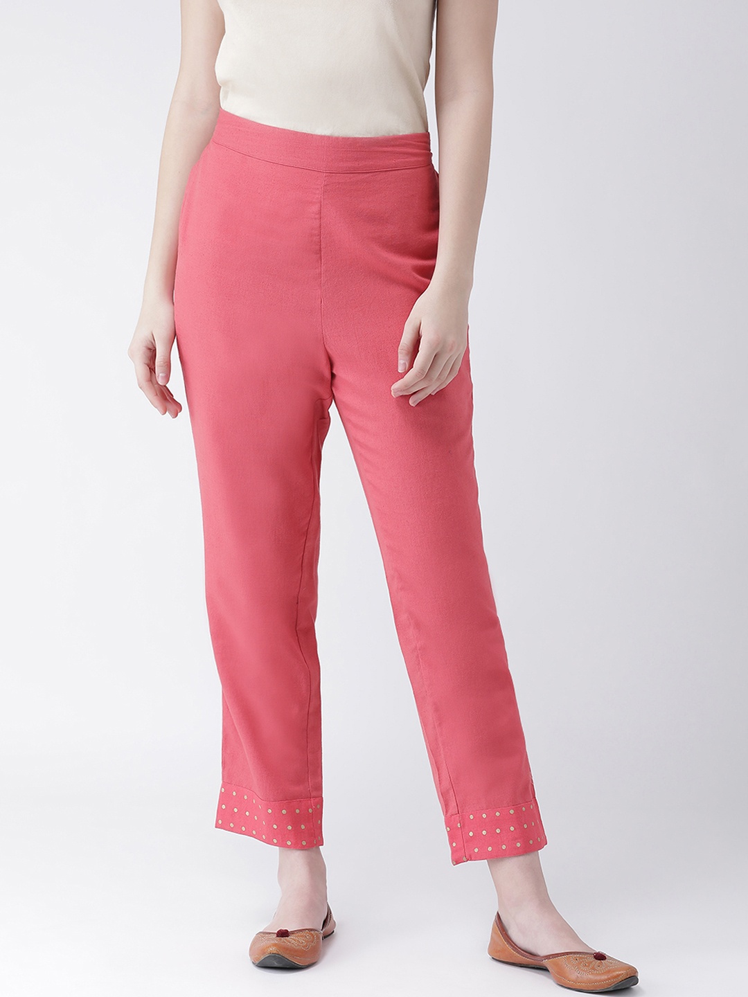 

Aayna Women Coral Pink Regular Fit Solid Cigarette Trousers