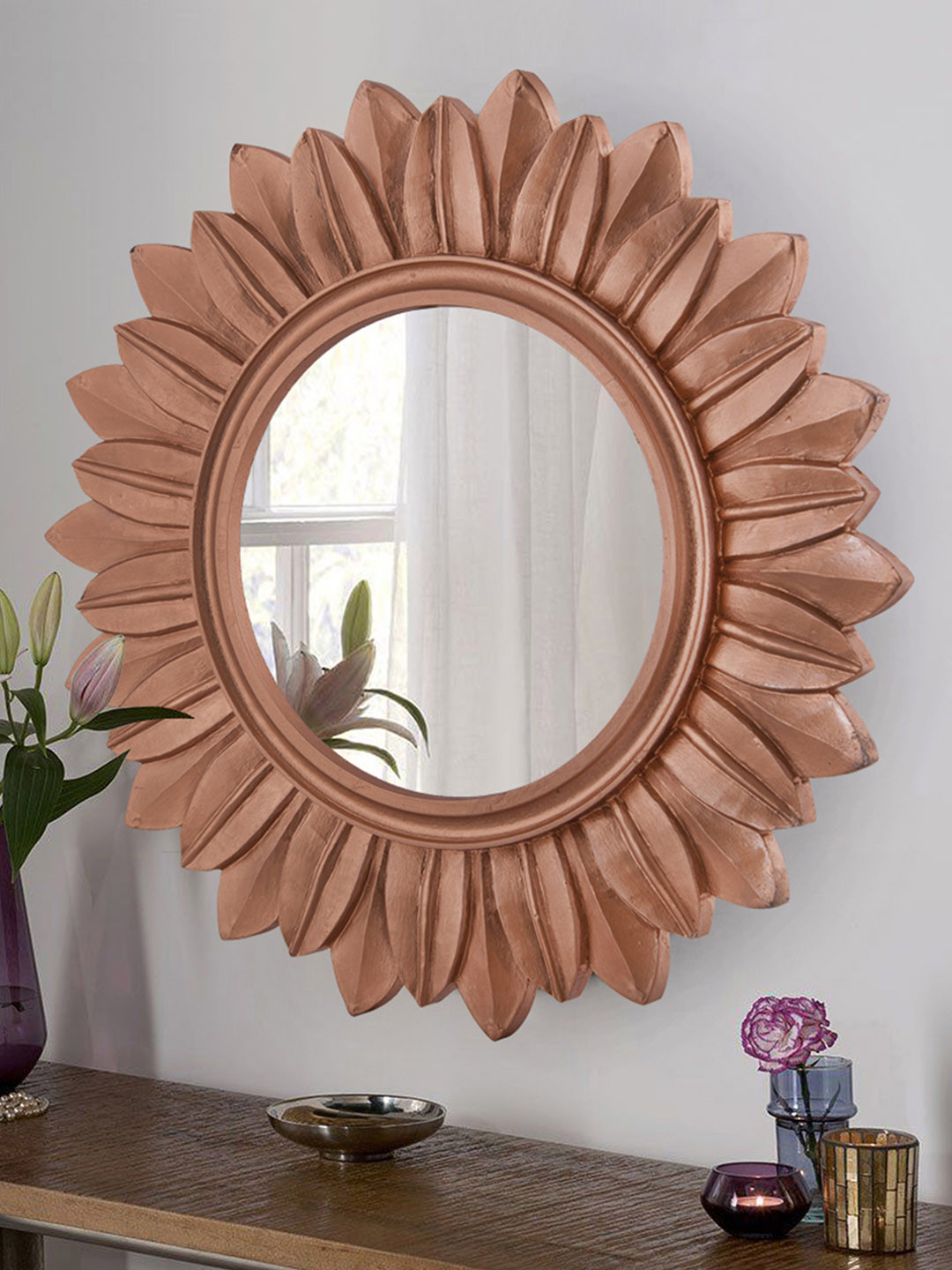 

Homesake Unisex Rose Gold-Toned Sunburst Wooden Handcarved Wall Mirror, Copper