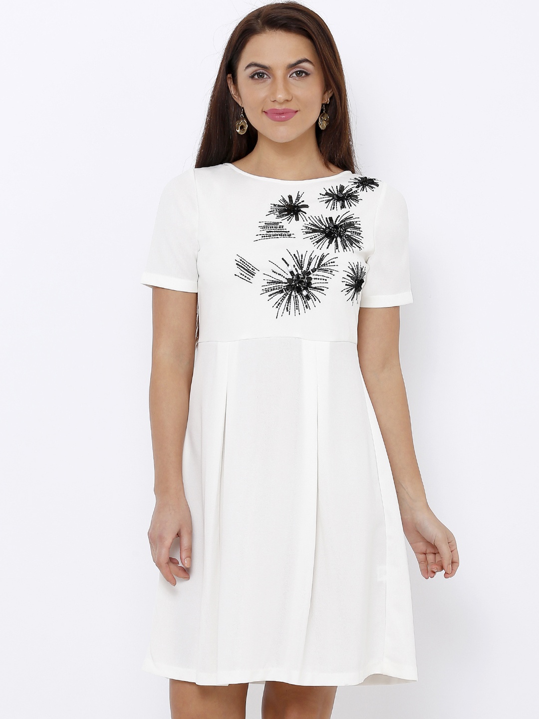 

Soie Women White Embellished Fit and Flare Dress