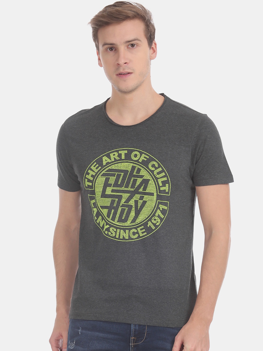

Ed Hardy Men Grey & Yellow Printed Round Neck T-shirt