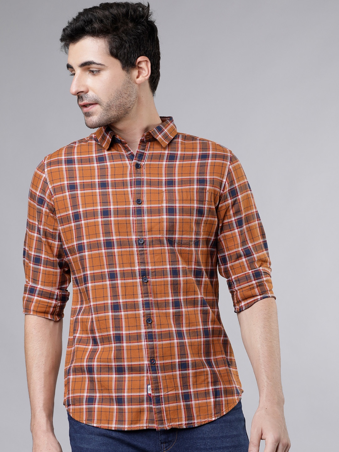 

LOCOMOTIVE Men Orange & Navy Blue Slim Fit Checked Casual Shirt