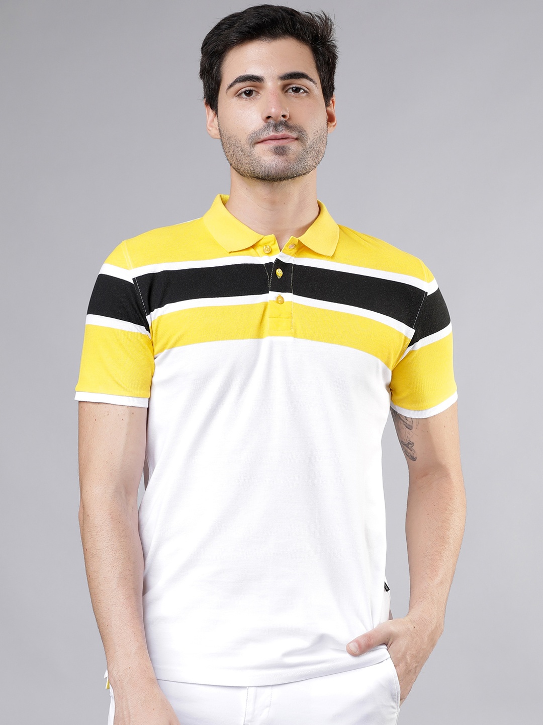 LOCOMOTIVE Men White & Yellow Colourblocked Polo Collar T-shirt