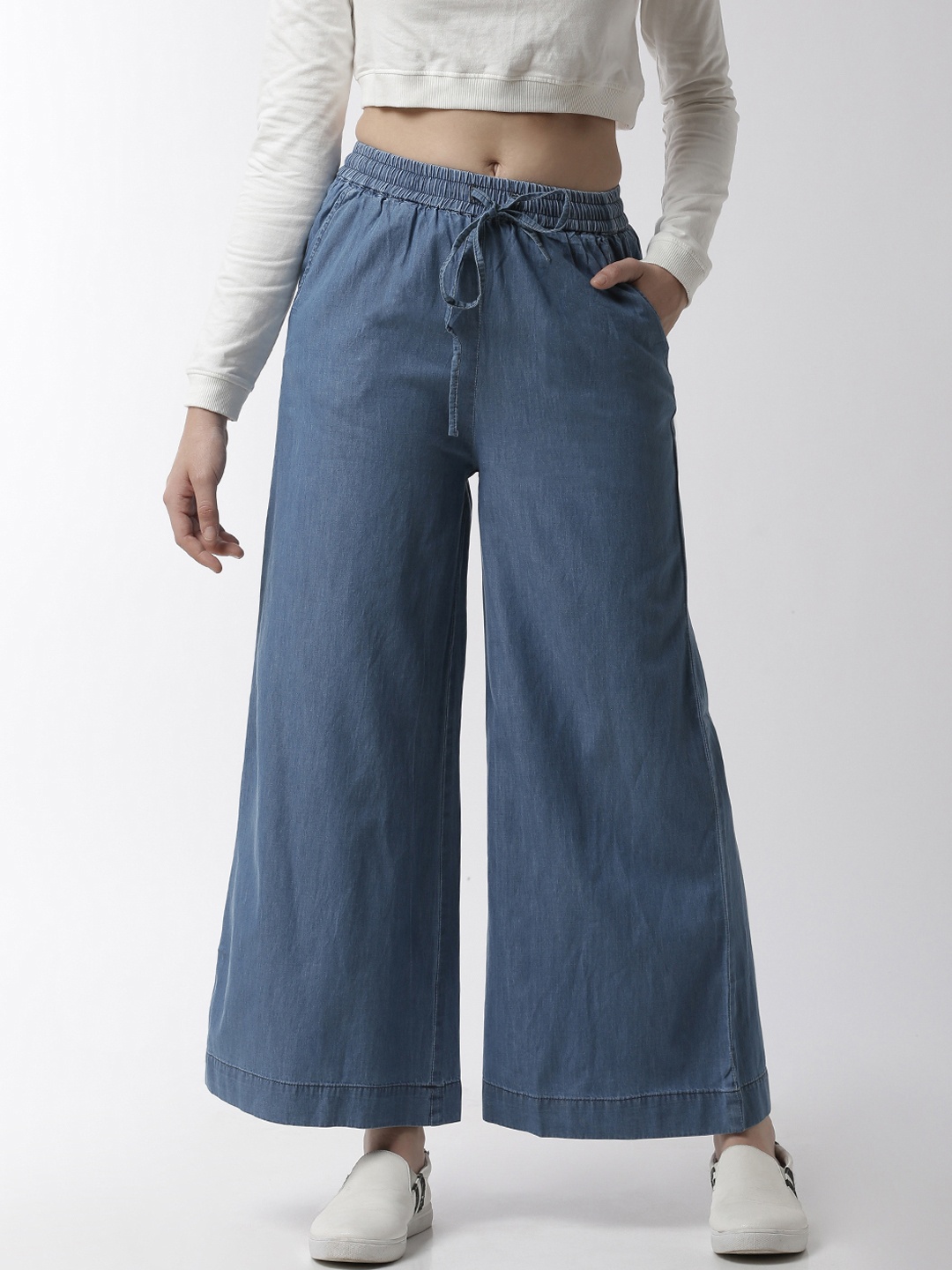 

De Moza Women Blue Solid Wide Leg Palazzos