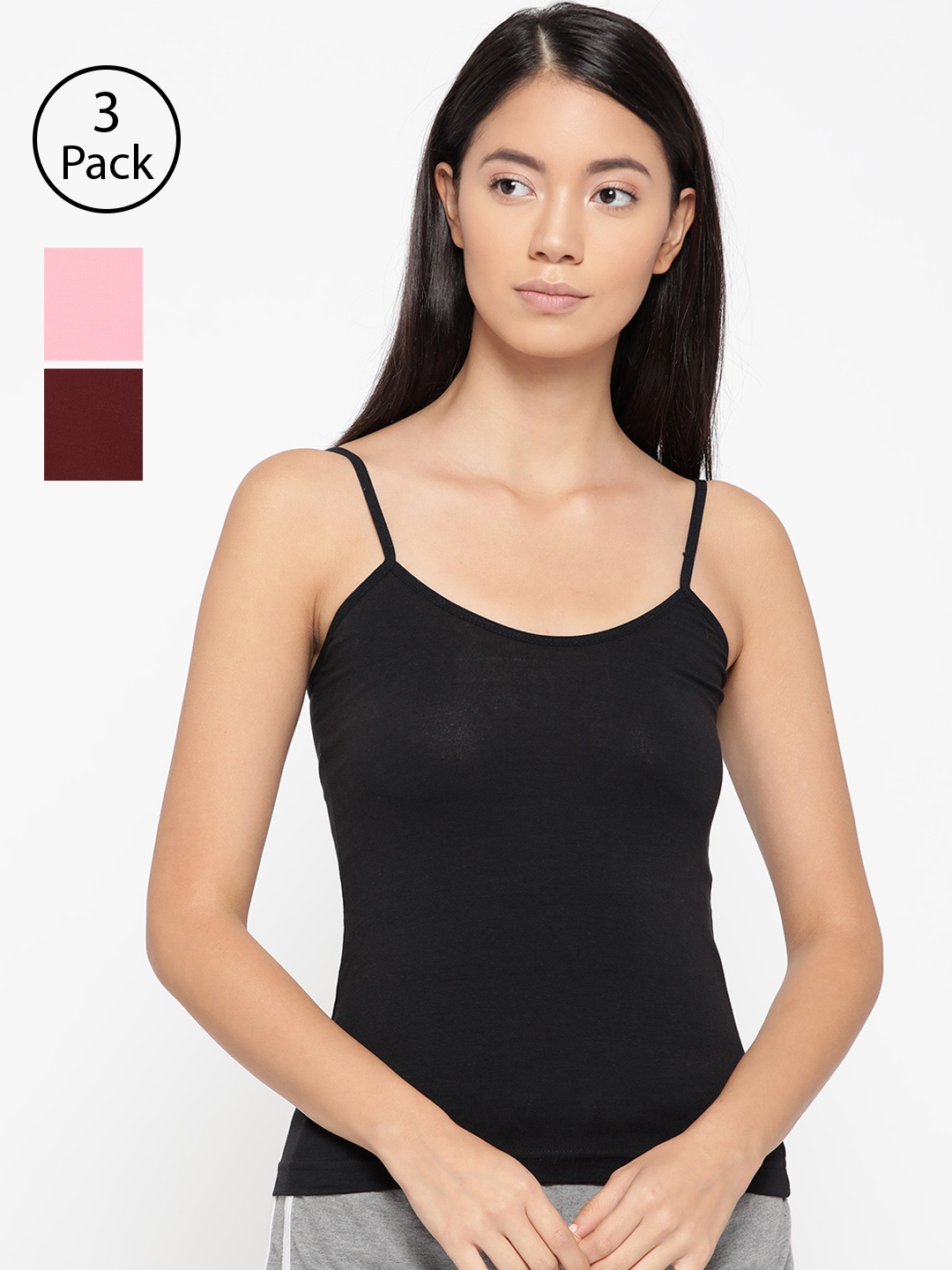 

Lady Lyka Women Pack Of 3 Solid Adjustable Straps Camisoles CAMI-04, Black