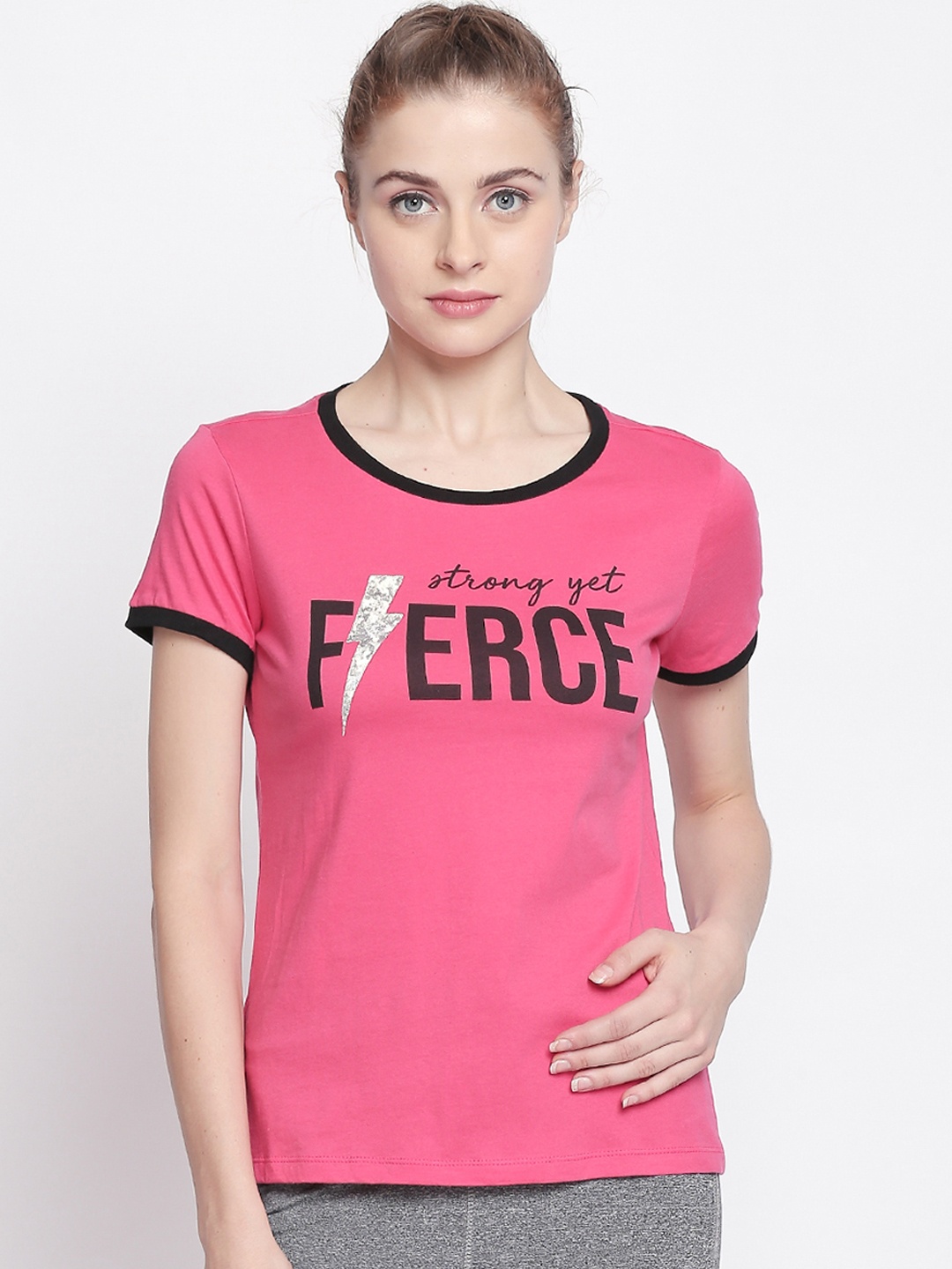 

Ajile by Pantaloons Women Pink Printed Round Neck Pure Cotton T-shirt