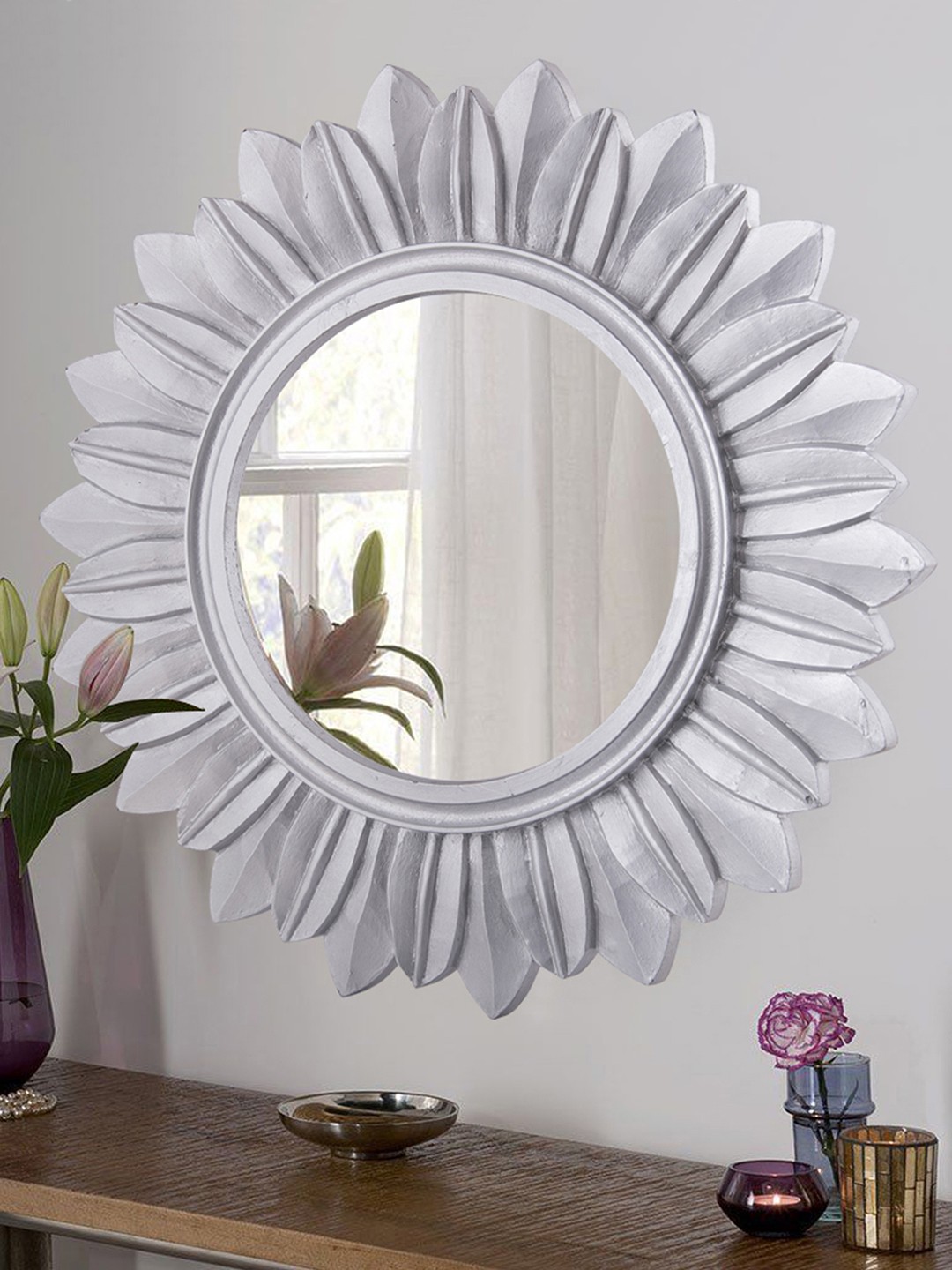 

Homesake Silver-Toned Sunburst Decorative Wooden Handcarved Wall Mirror