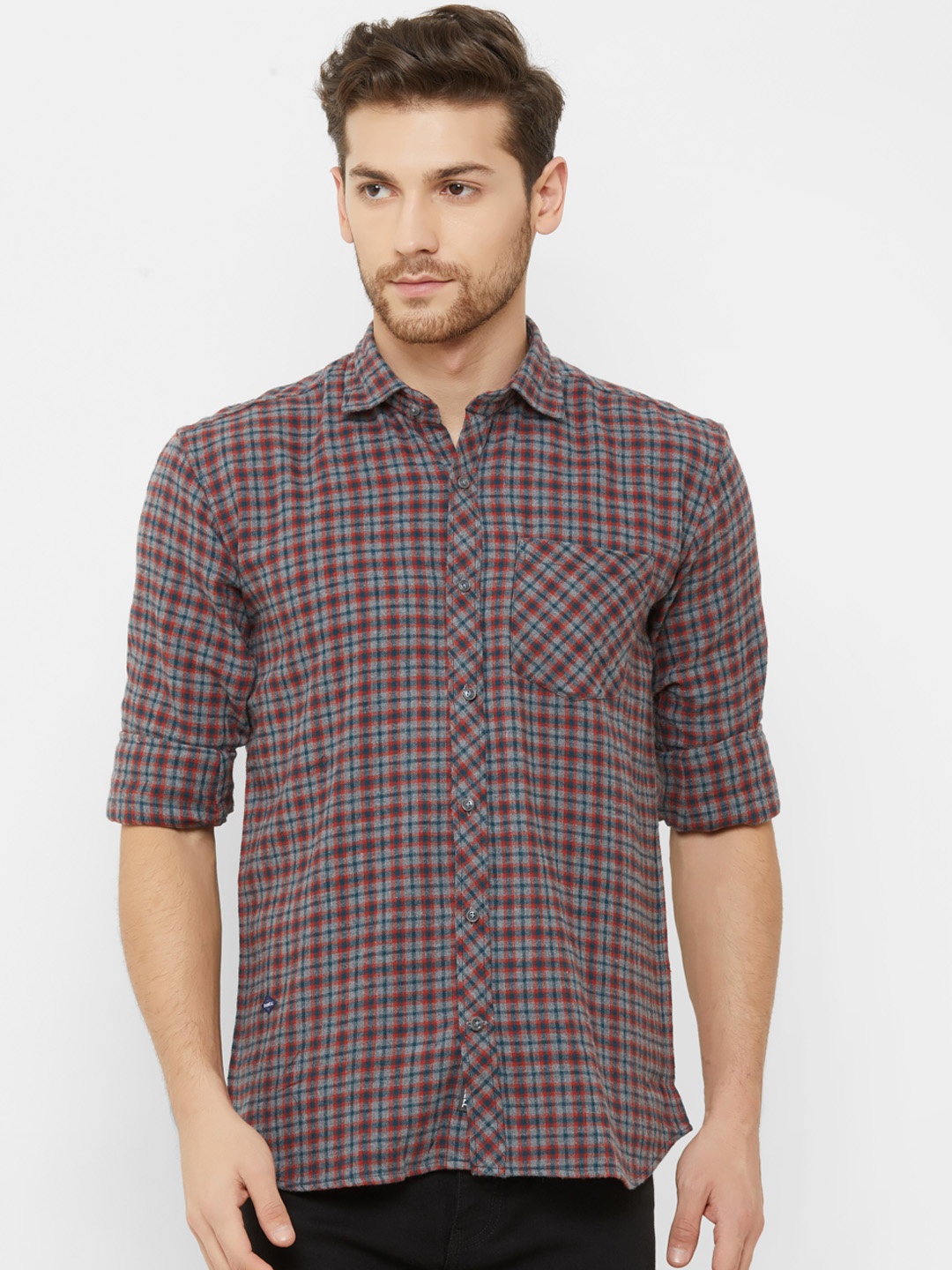 

Donzell Men Grey & Red Regular Fit Checked Casual Shirt